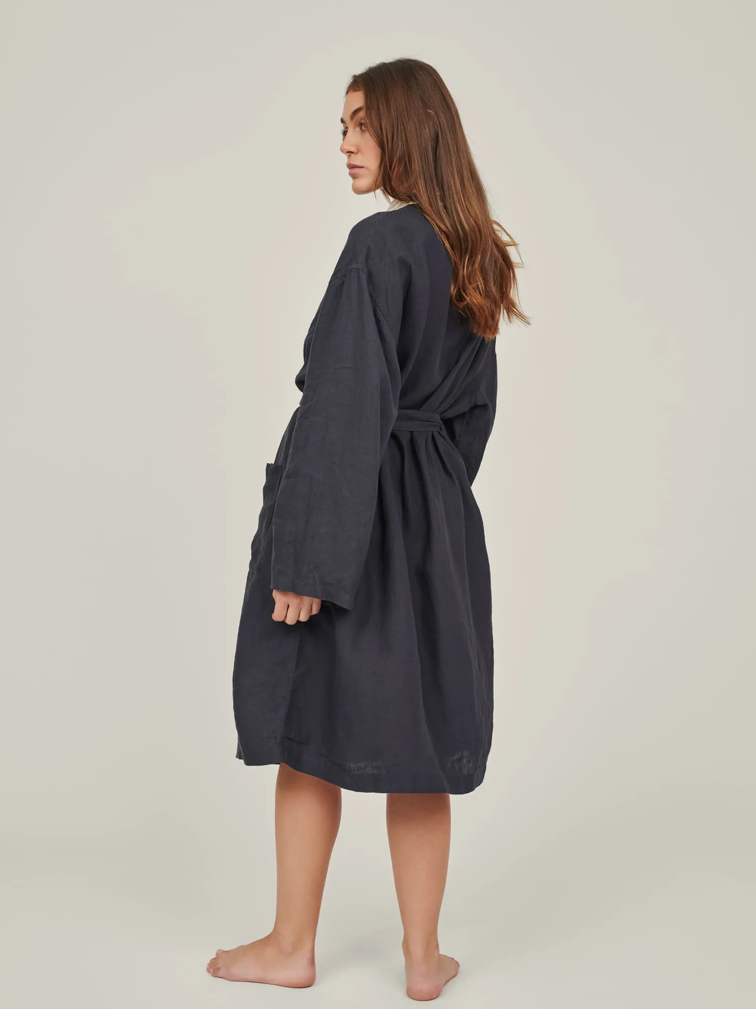 Linen Robe In Navy   Stripes