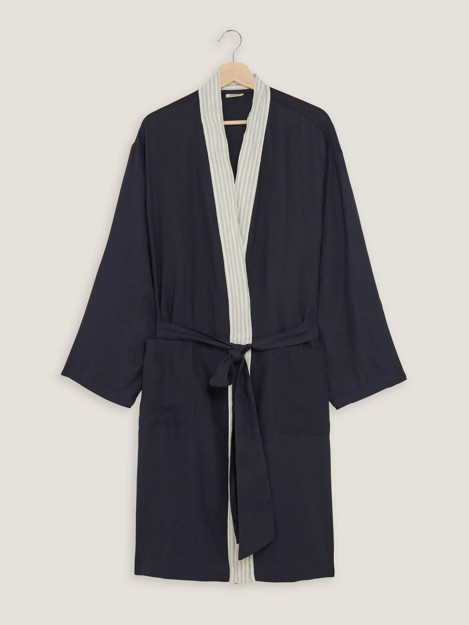 Linen Robe In Navy   Stripes