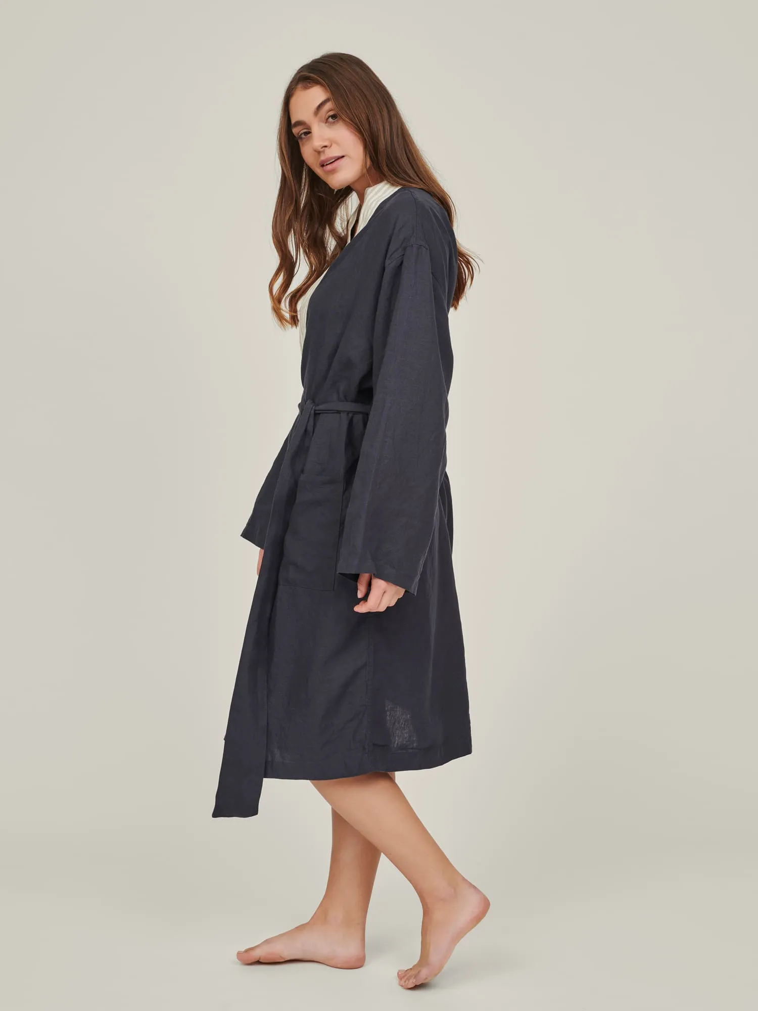 Linen Robe In Navy   Stripes