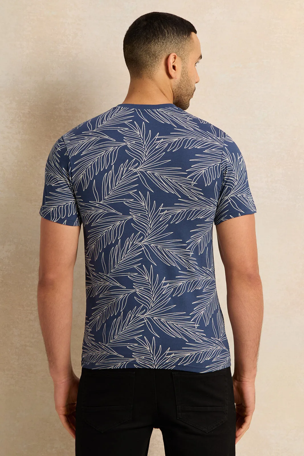 Men Navy Printed Henley T-Shirt