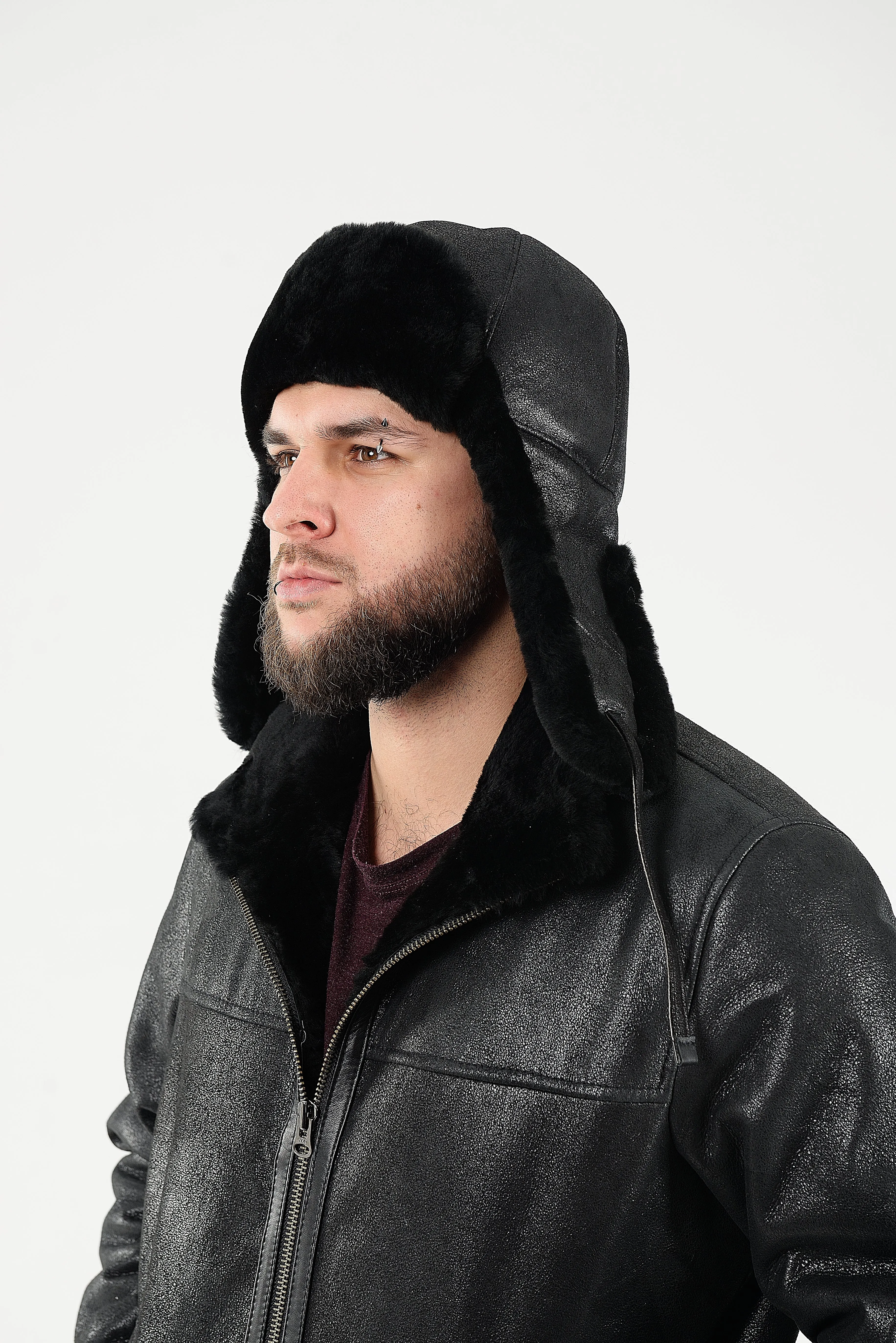 Men's Sheepskin "Aviator" Hat in Black color