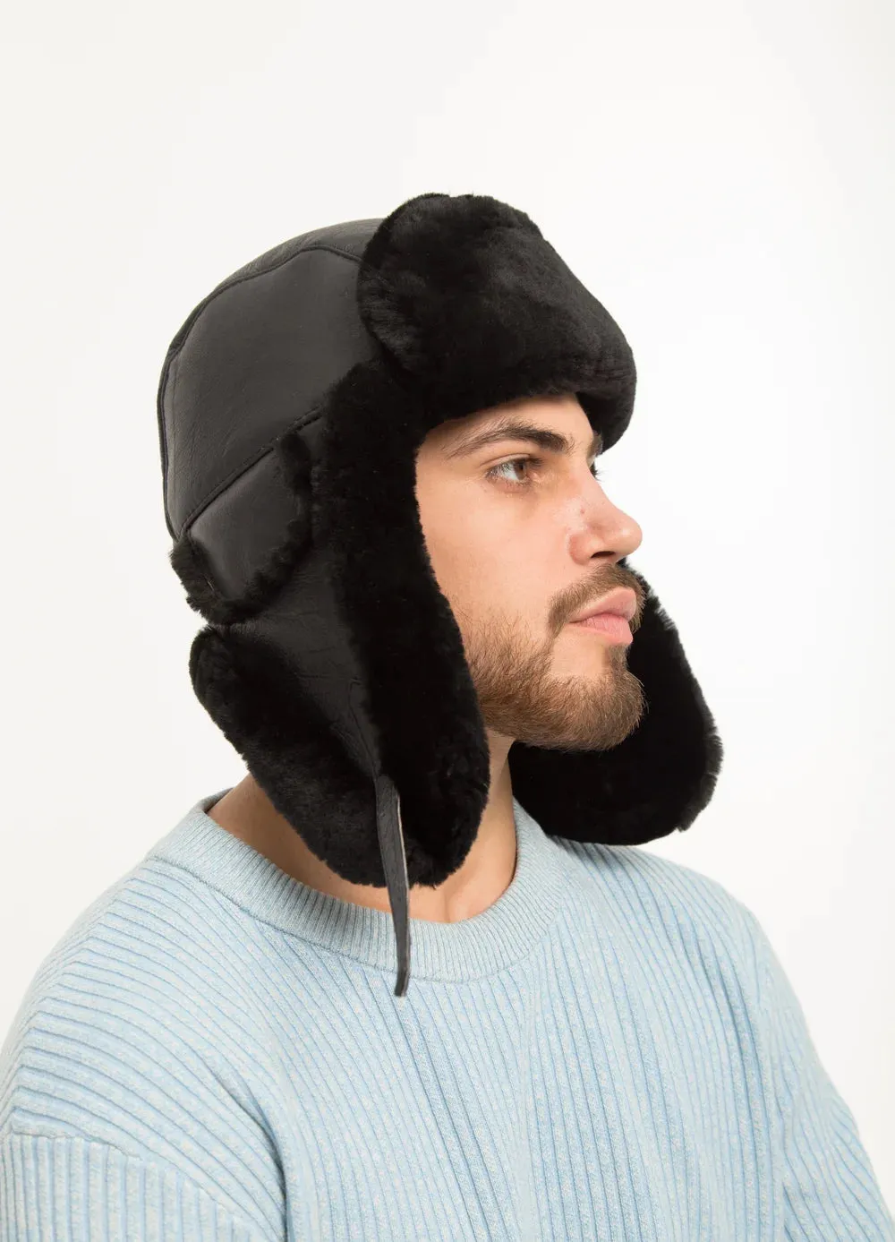 Men's Sheepskin "Aviator" Hat in Black color