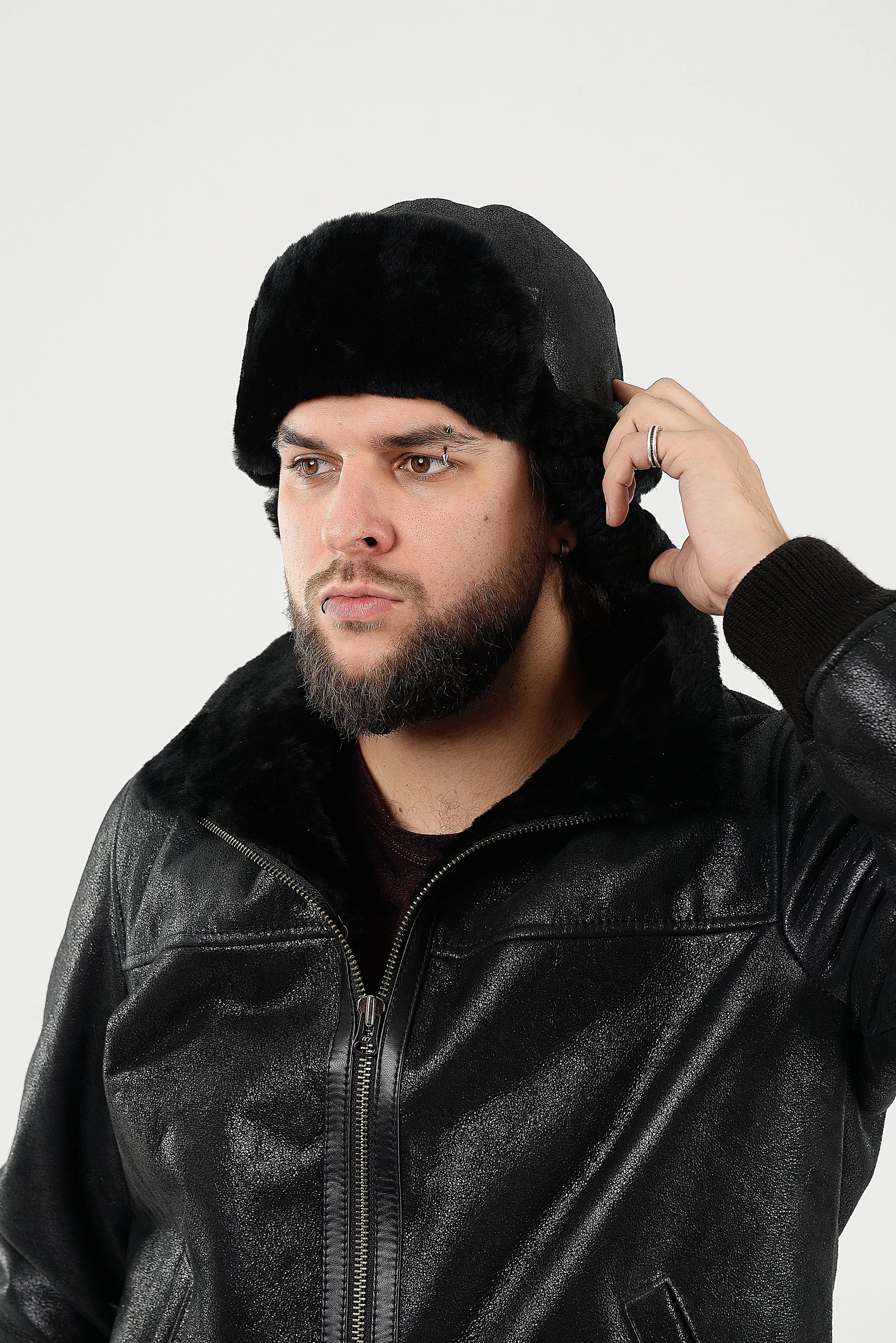 Men's Sheepskin "Aviator" Hat in Black color