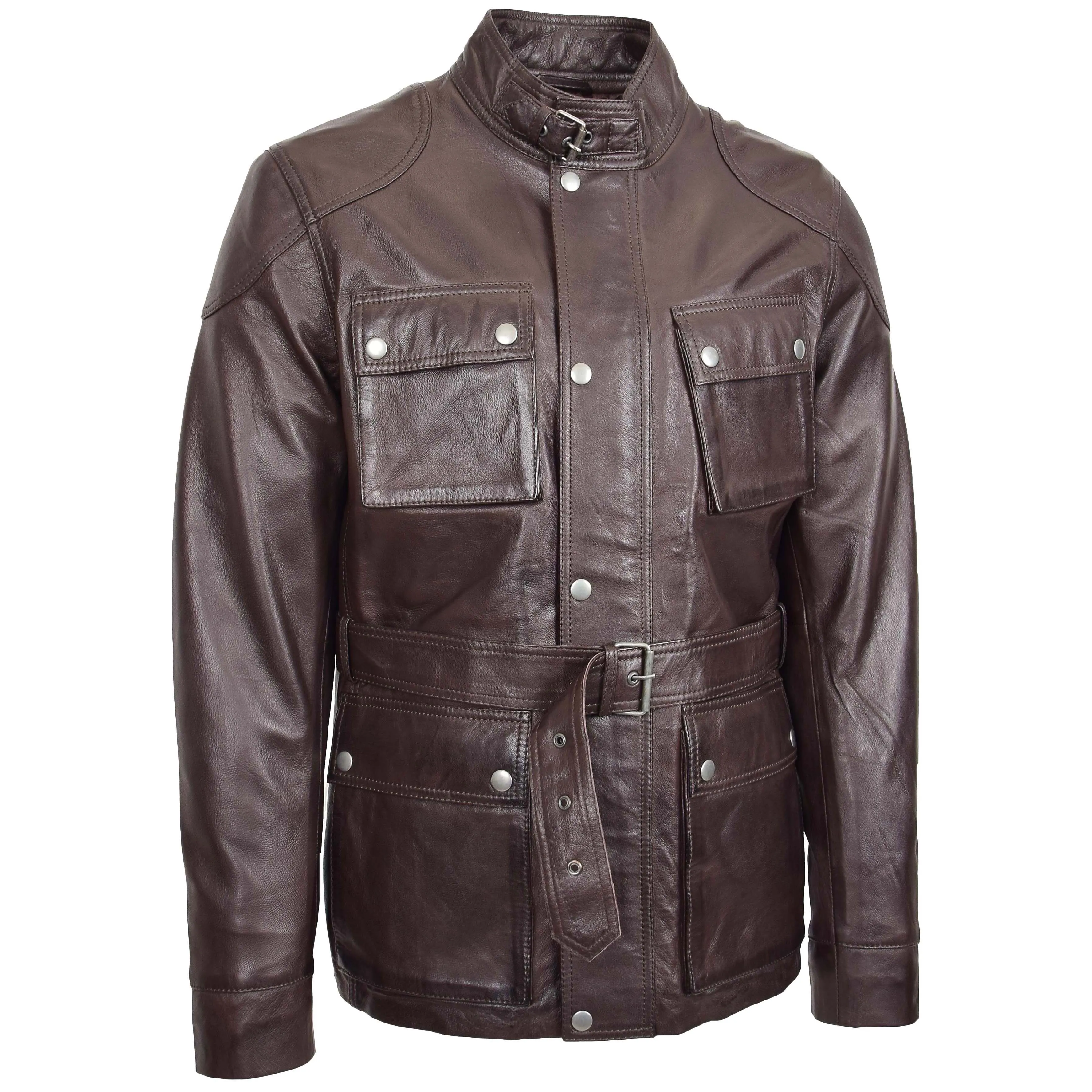 Mens Soft Genuine Leather Trendy Safari Jacket with Waist Belt DAX Brown