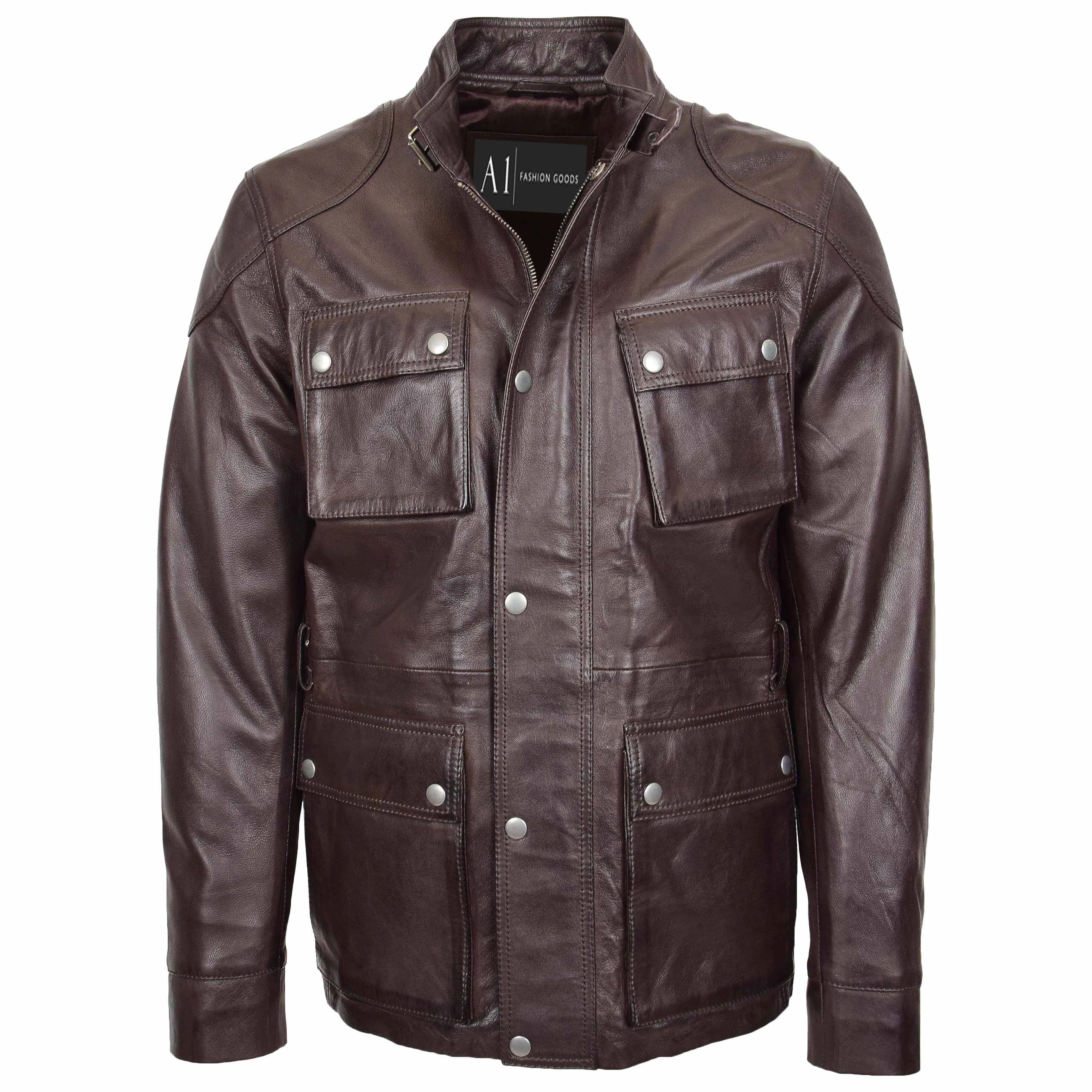 Mens Soft Genuine Leather Trendy Safari Jacket with Waist Belt DAX Brown