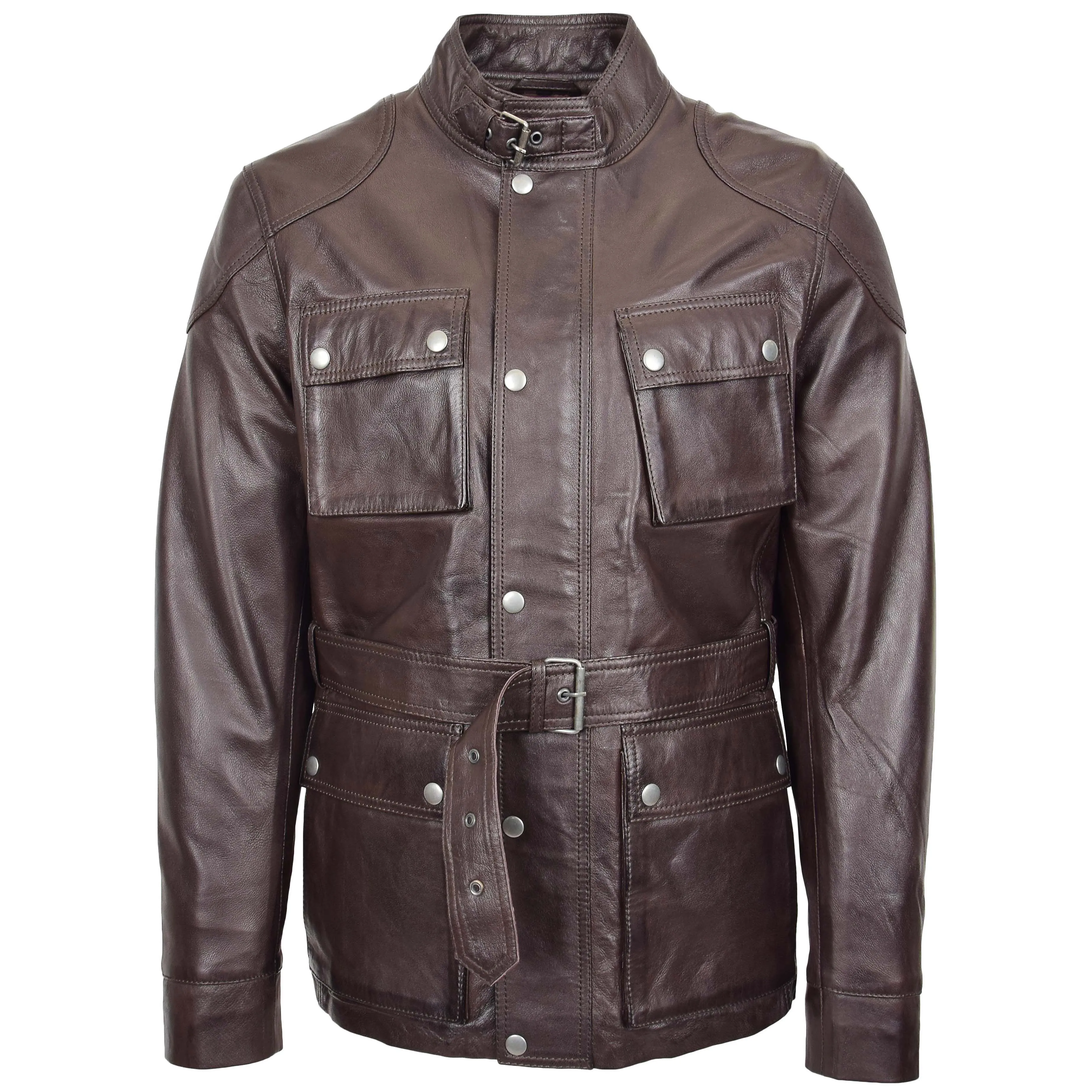 Mens Soft Genuine Leather Trendy Safari Jacket with Waist Belt DAX Brown