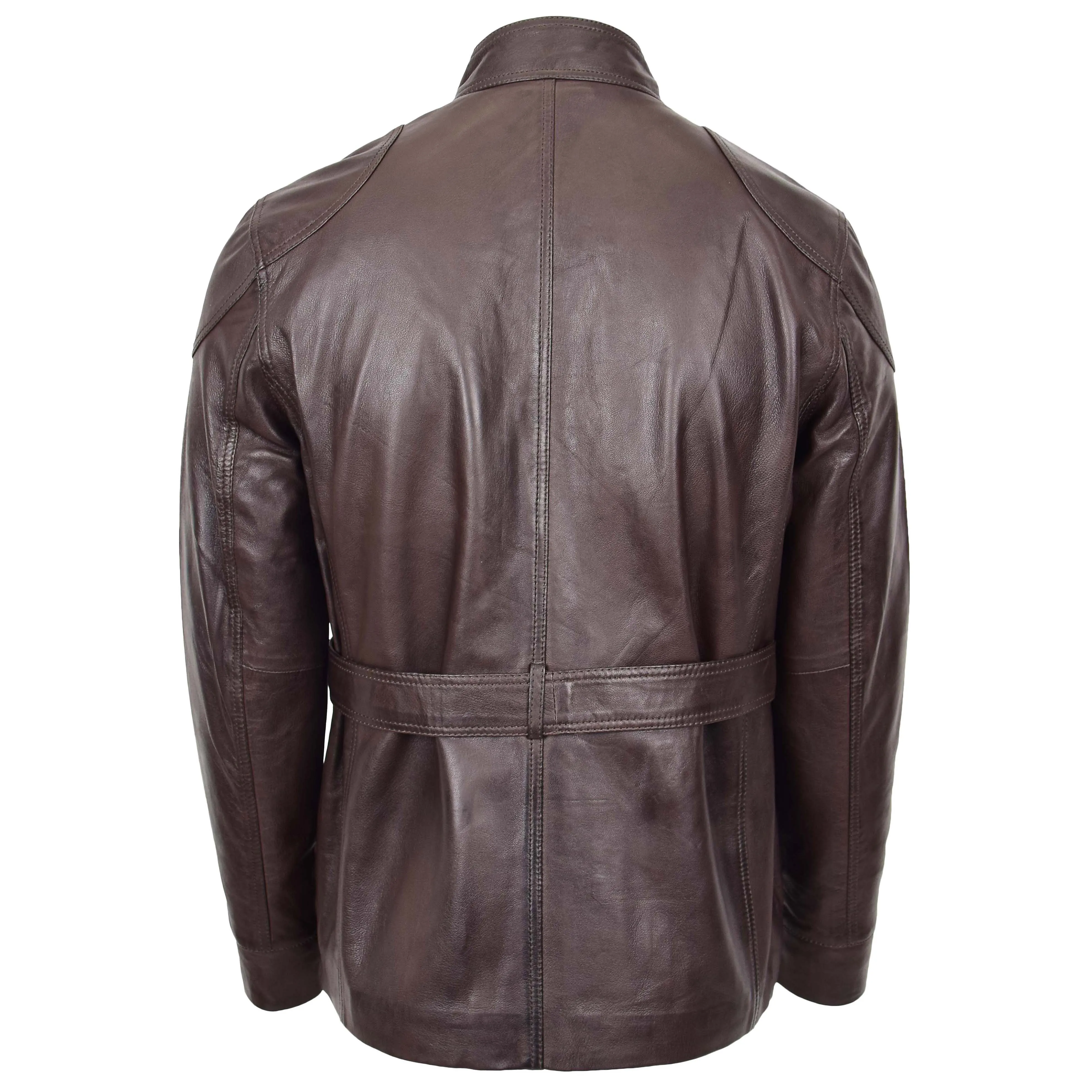 Mens Soft Genuine Leather Trendy Safari Jacket with Waist Belt DAX Brown