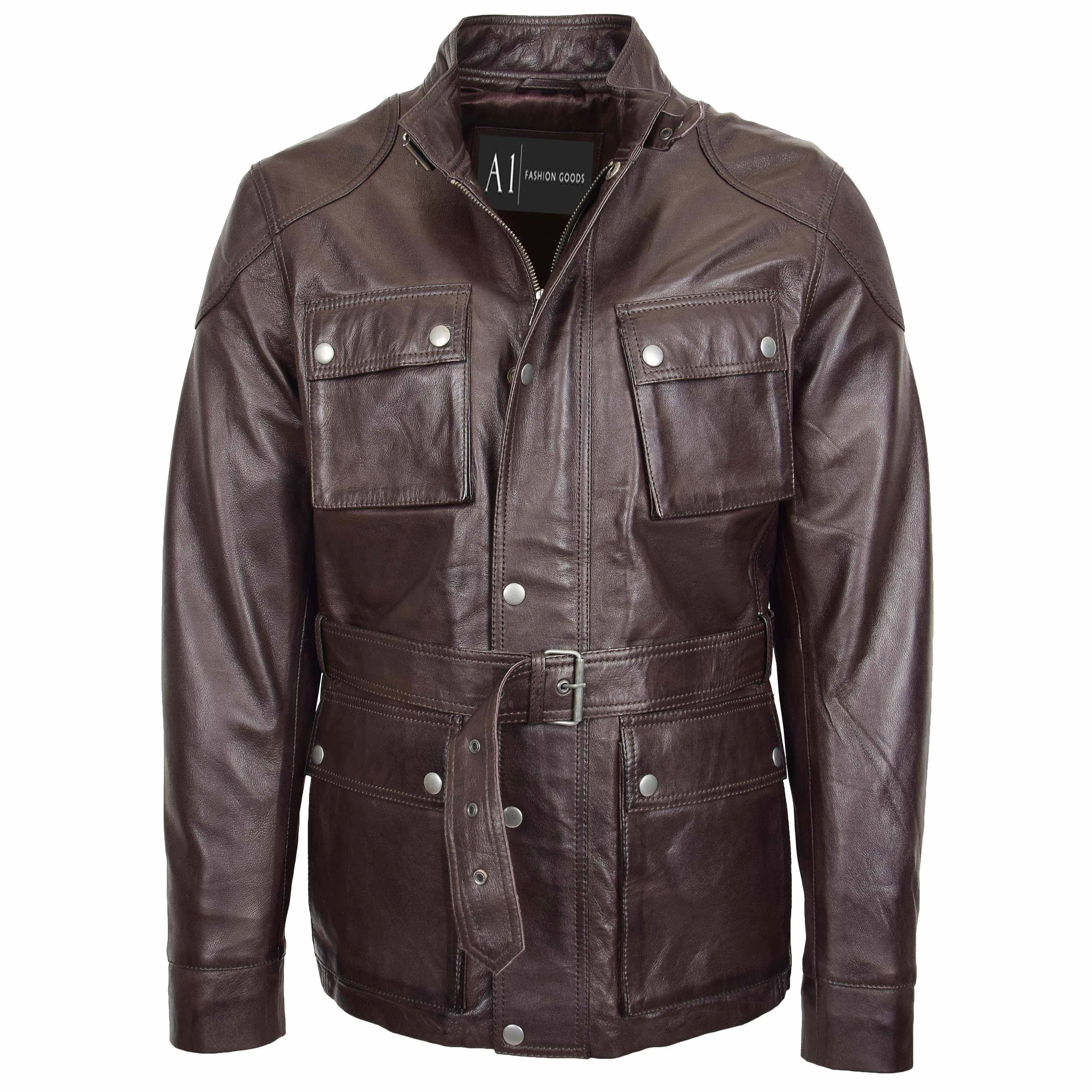 Mens Soft Genuine Leather Trendy Safari Jacket with Waist Belt DAX Brown