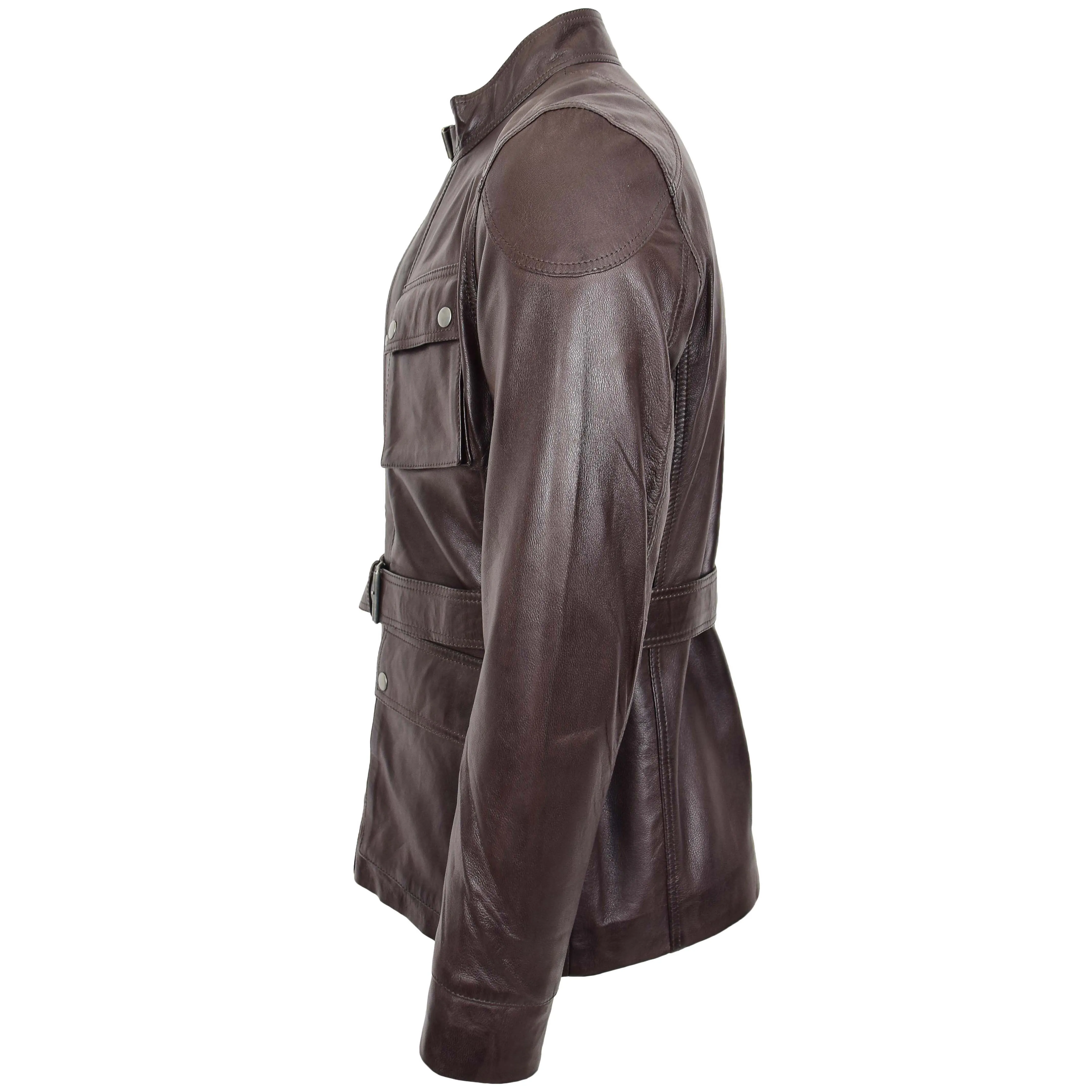 Mens Soft Genuine Leather Trendy Safari Jacket with Waist Belt DAX Brown