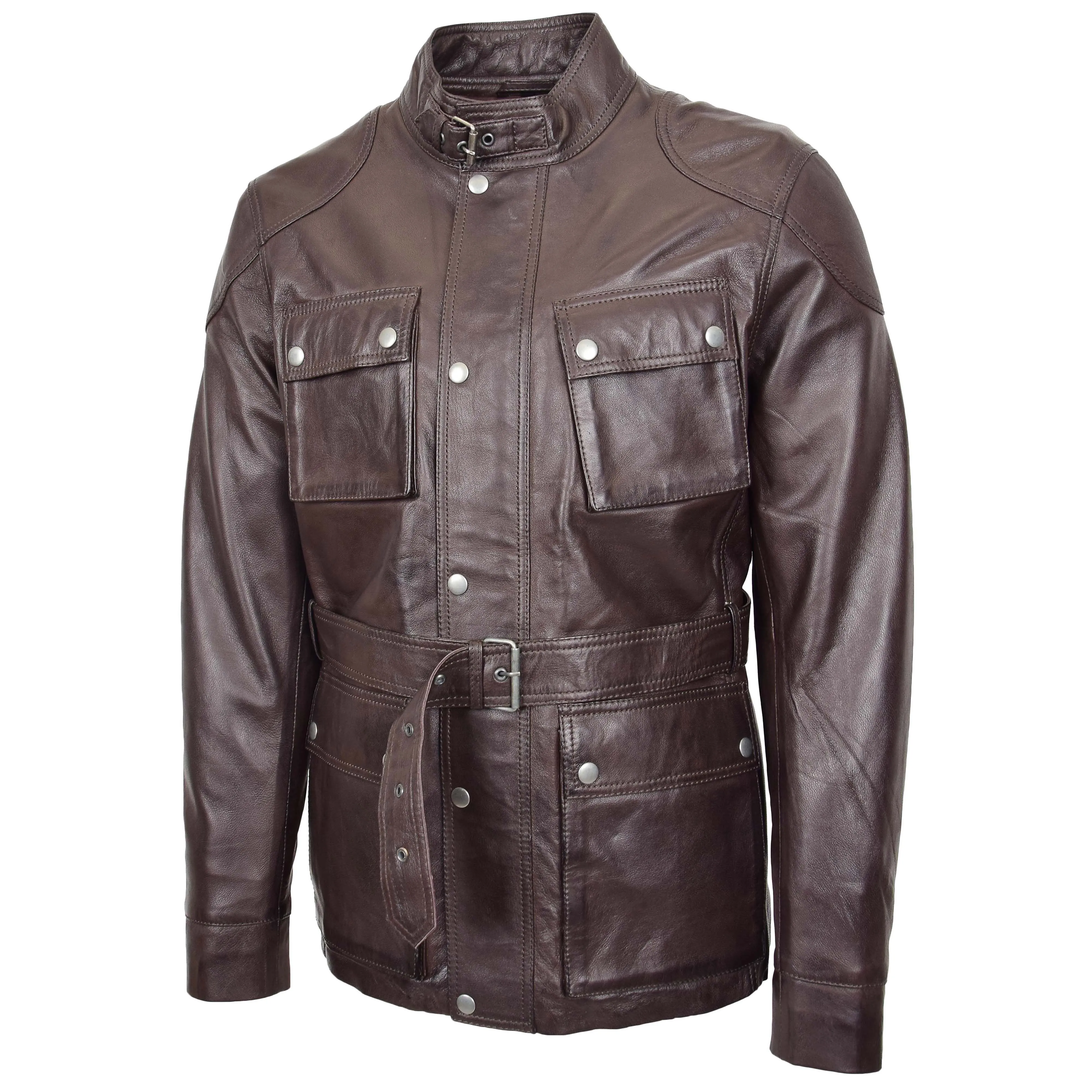 Mens Soft Genuine Leather Trendy Safari Jacket with Waist Belt DAX Brown