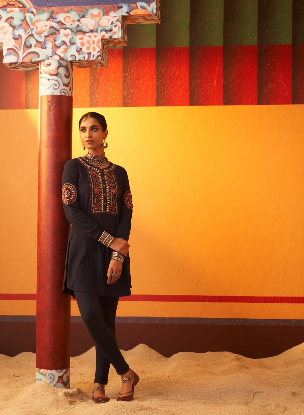 Navy Blue Embroidered Woollen Kurti for Women with Mirror Work