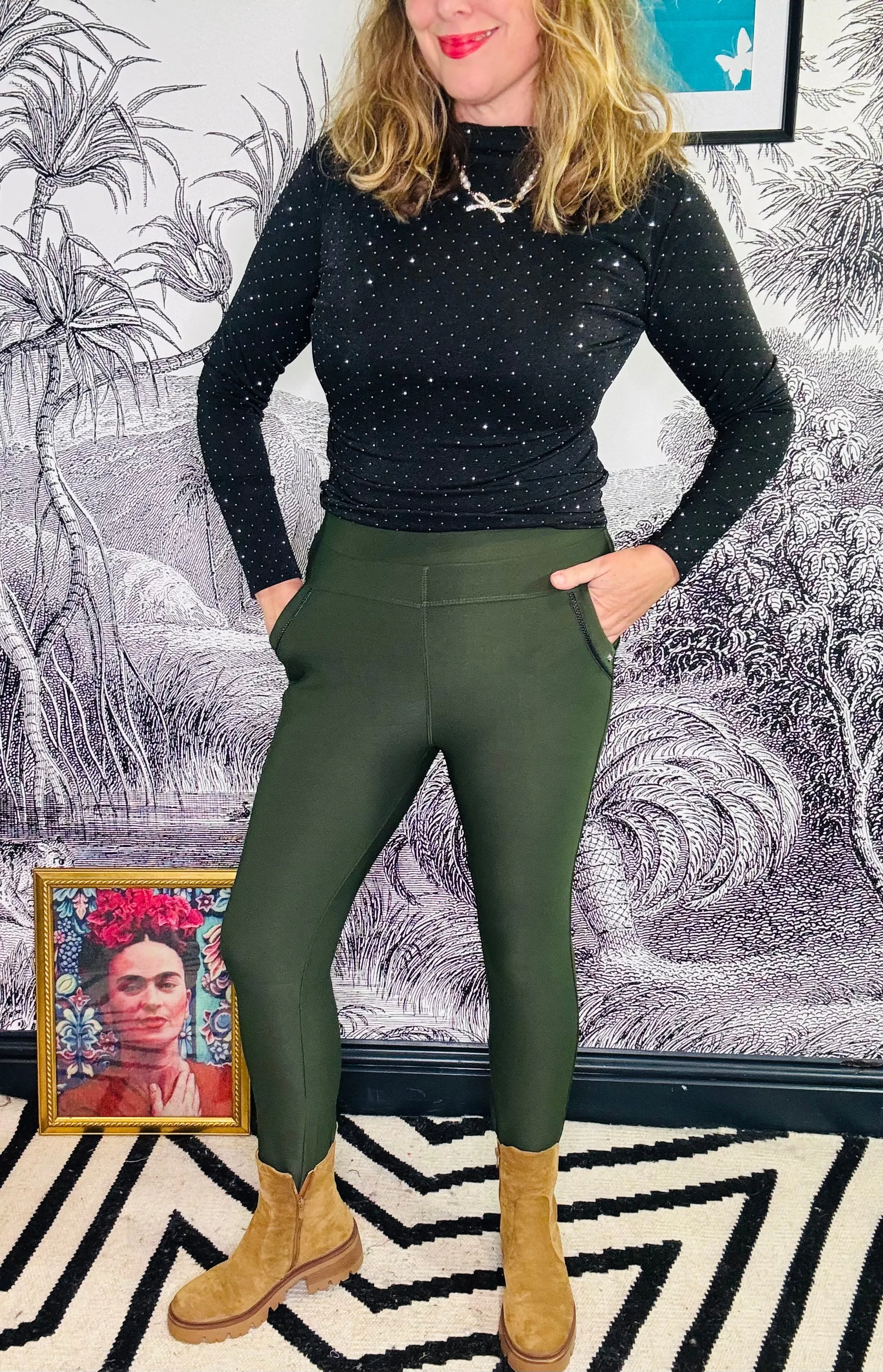 Nicola Neoprene Leggings in Olive Green