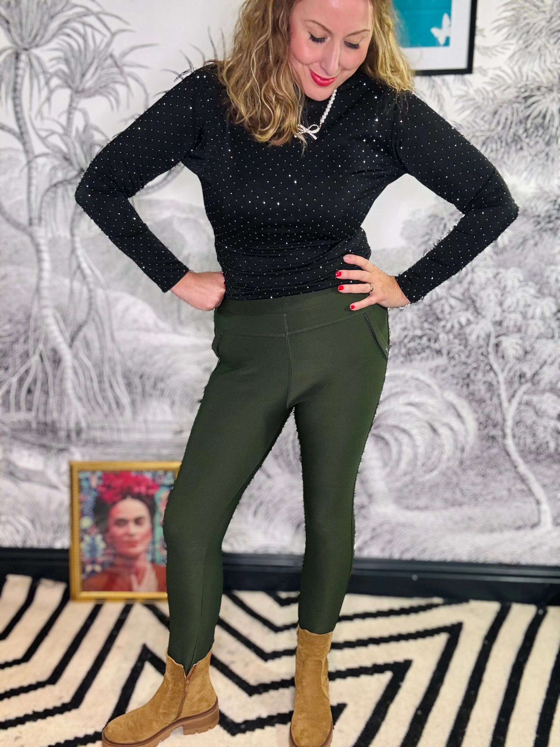 Nicola Neoprene Leggings in Olive Green