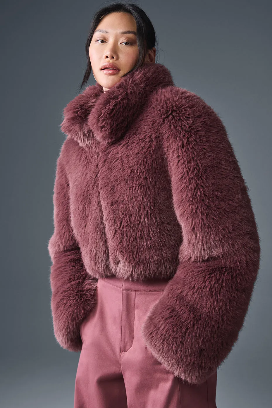 Opulent Faux Fur Cropped Jacket - Burgundy Truffle