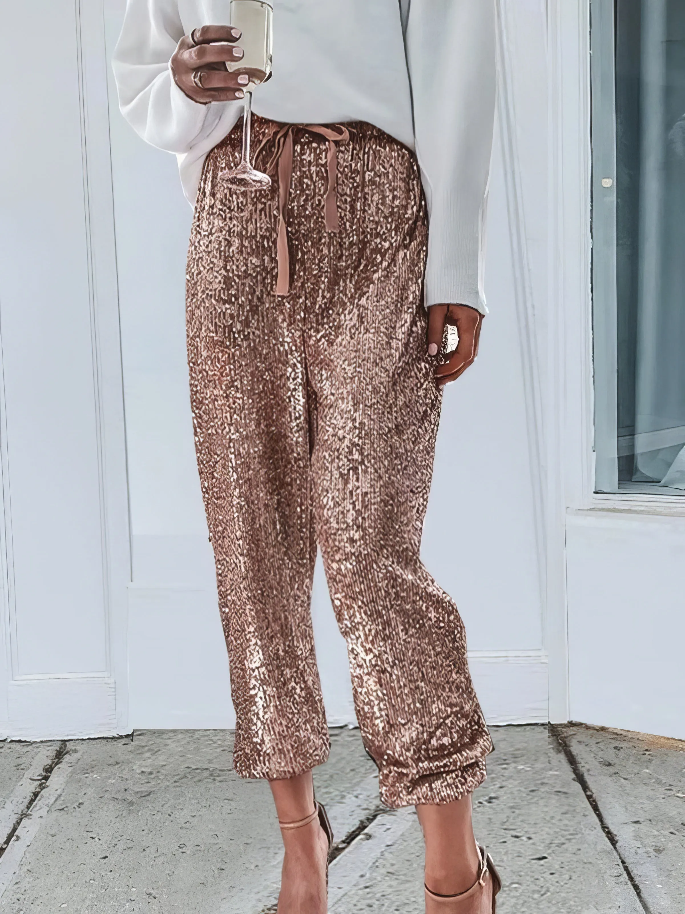 Pants Sequined Drawstring High Waisted Leggings Slacks for Women