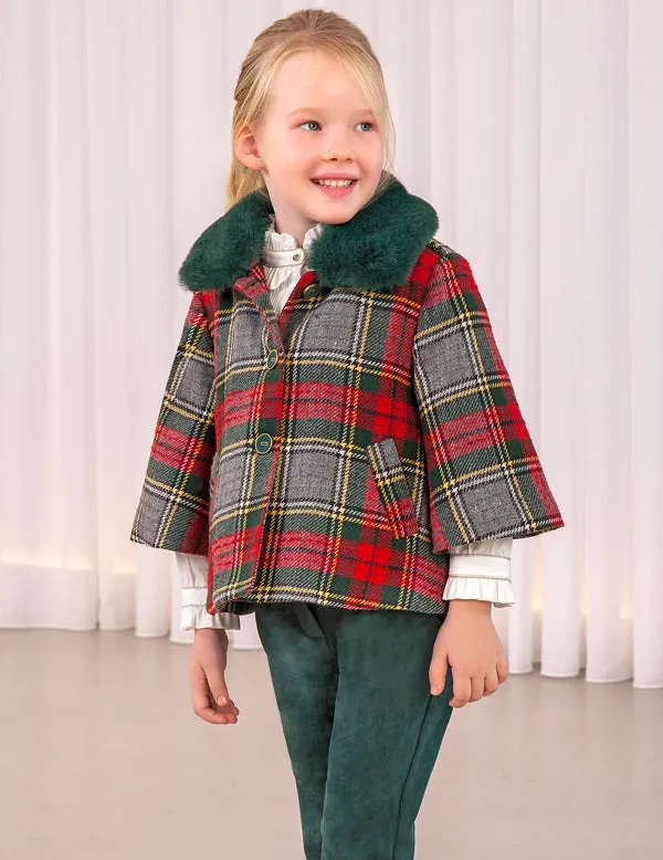 Plaid Girls Coat With Bottle Green Faux Fur Collar - Select Size