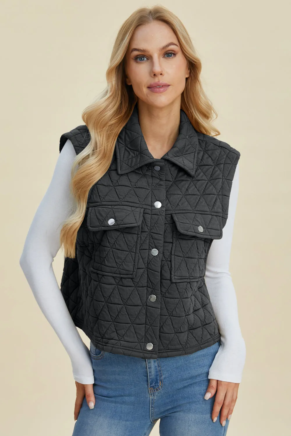 Pocketed Texture Snap Down Vest Coat