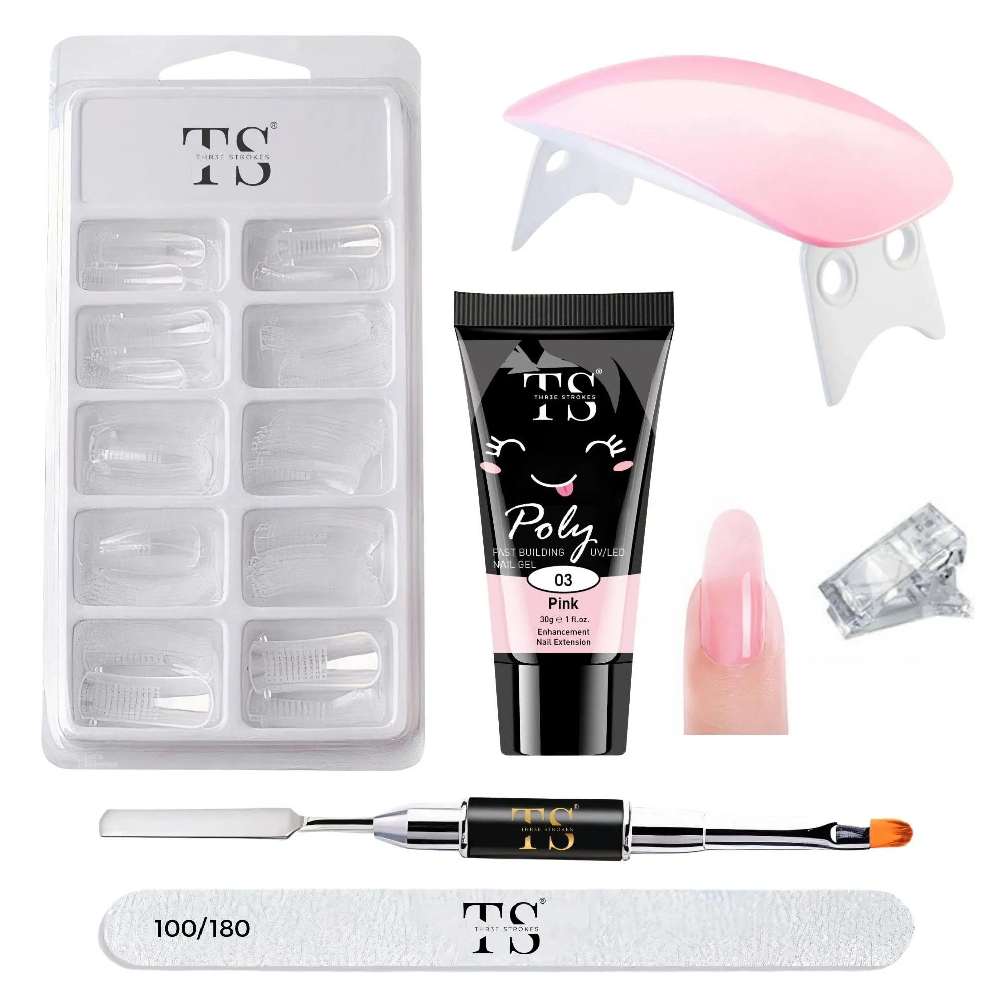 Poly Nail Extension Gel Kit for Builder Gel UV Nail Art Kit Nail Extension Set(1 Polygel Tube, 100 Clear Nails  1Buffer 2 Dual Ended Spatula   Nail Art Brush & Poly Nail Clips   Mini UV Lamp) (PINK)