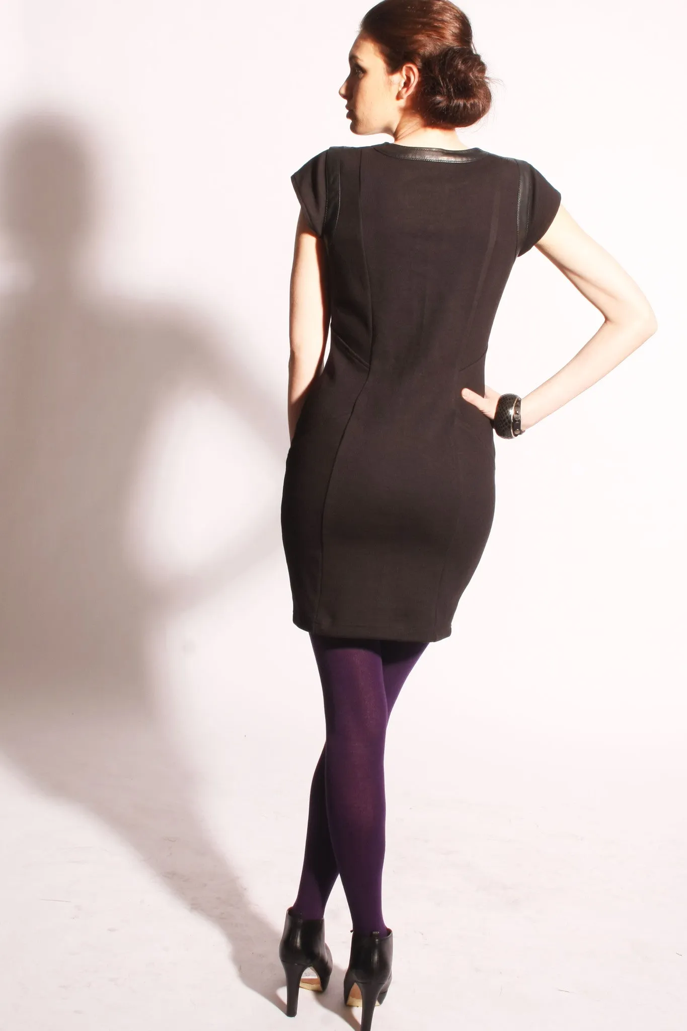 Ponte knit shift dress with leather neck trim detail