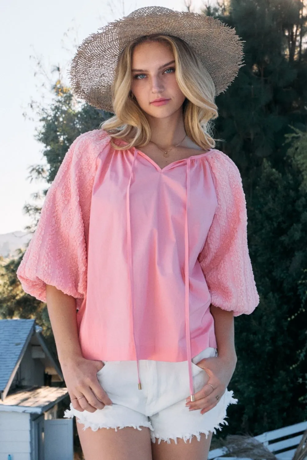 Poplin Bubble Sleeve Blouse