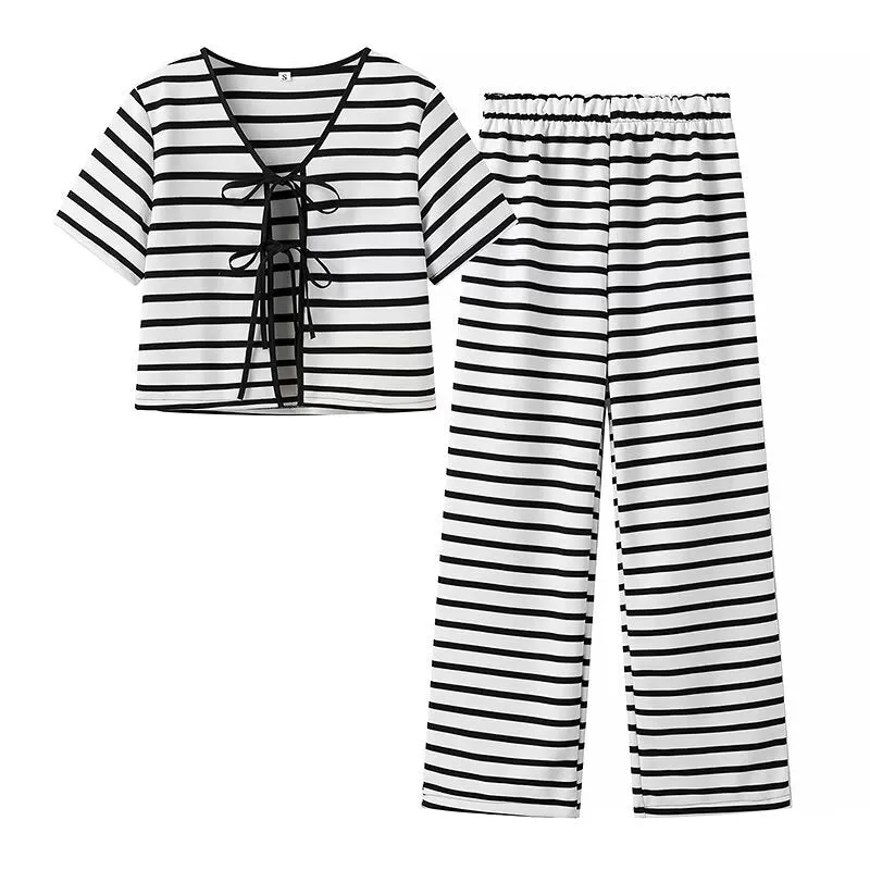 Pre Order:  Lace Up Striped Top   Pants Set