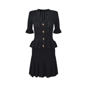 Pre Order:  Solid V-Neck Diamond Buckle Ruffle Edge Knit Dress