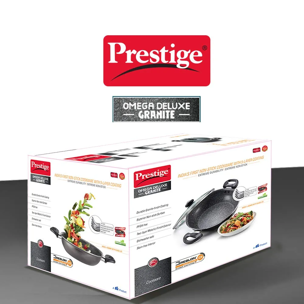 Prestige Omega Deluxe Granite Kadai | 3.25 L | Black | Induction Base | 5 Layer Non-Stick Granite Finish | Scratch Resistant | Dishwasher Safe | Metal Spoon Friendly