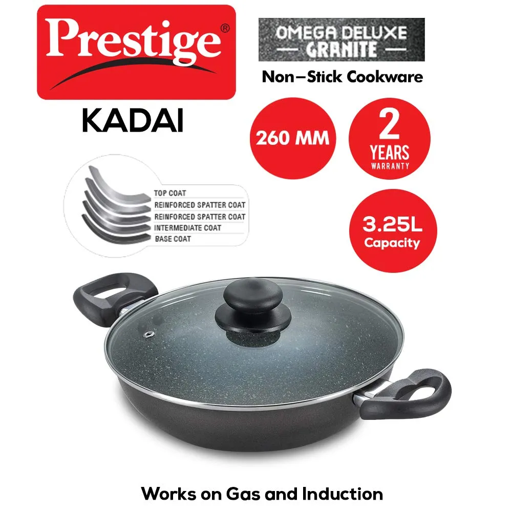 Prestige Omega Deluxe Granite Kadai | 3.25 L | Black | Induction Base | 5 Layer Non-Stick Granite Finish | Scratch Resistant | Dishwasher Safe | Metal Spoon Friendly