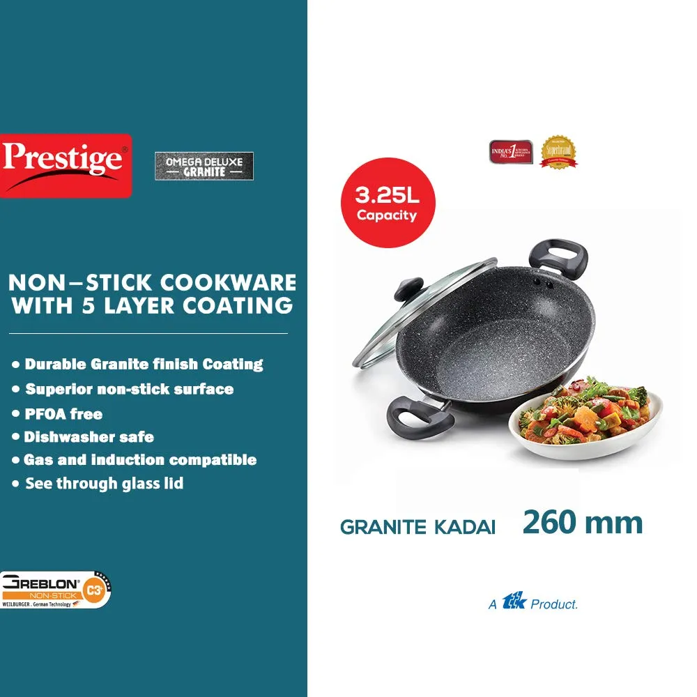 Prestige Omega Deluxe Granite Kadai | 3.25 L | Black | Induction Base | 5 Layer Non-Stick Granite Finish | Scratch Resistant | Dishwasher Safe | Metal Spoon Friendly