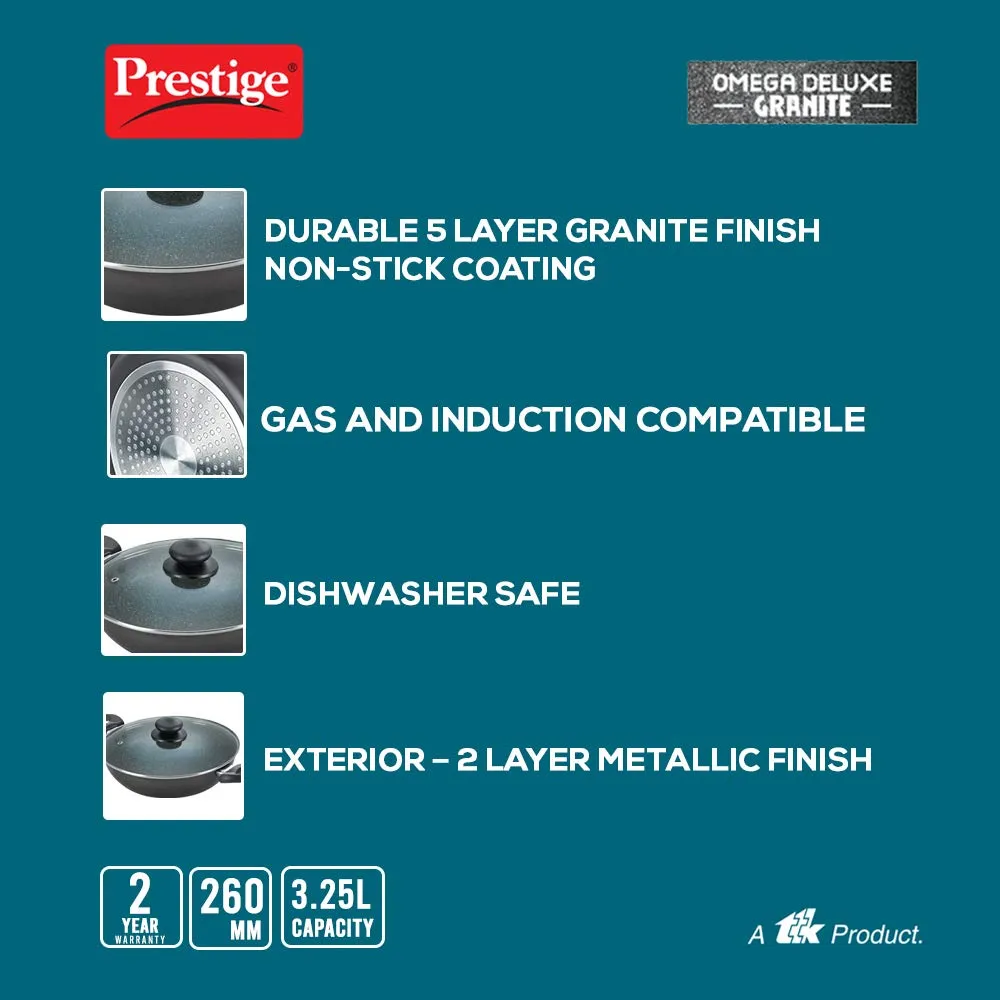 Prestige Omega Deluxe Granite Kadai | 3.25 L | Black | Induction Base | 5 Layer Non-Stick Granite Finish | Scratch Resistant | Dishwasher Safe | Metal Spoon Friendly