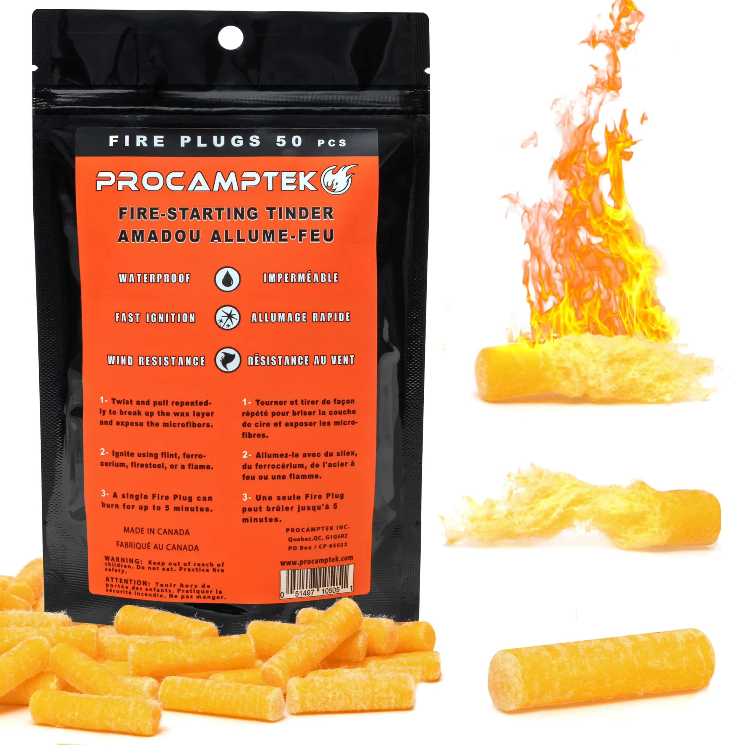 Procamptek Fire Plugs (50 Plugs) 100% Waterproof Fire Starter for Emergencies, Survival, Campfire, Fire Pits, Grills | Burns 5  Minutes, All Natural, Non-Toxic