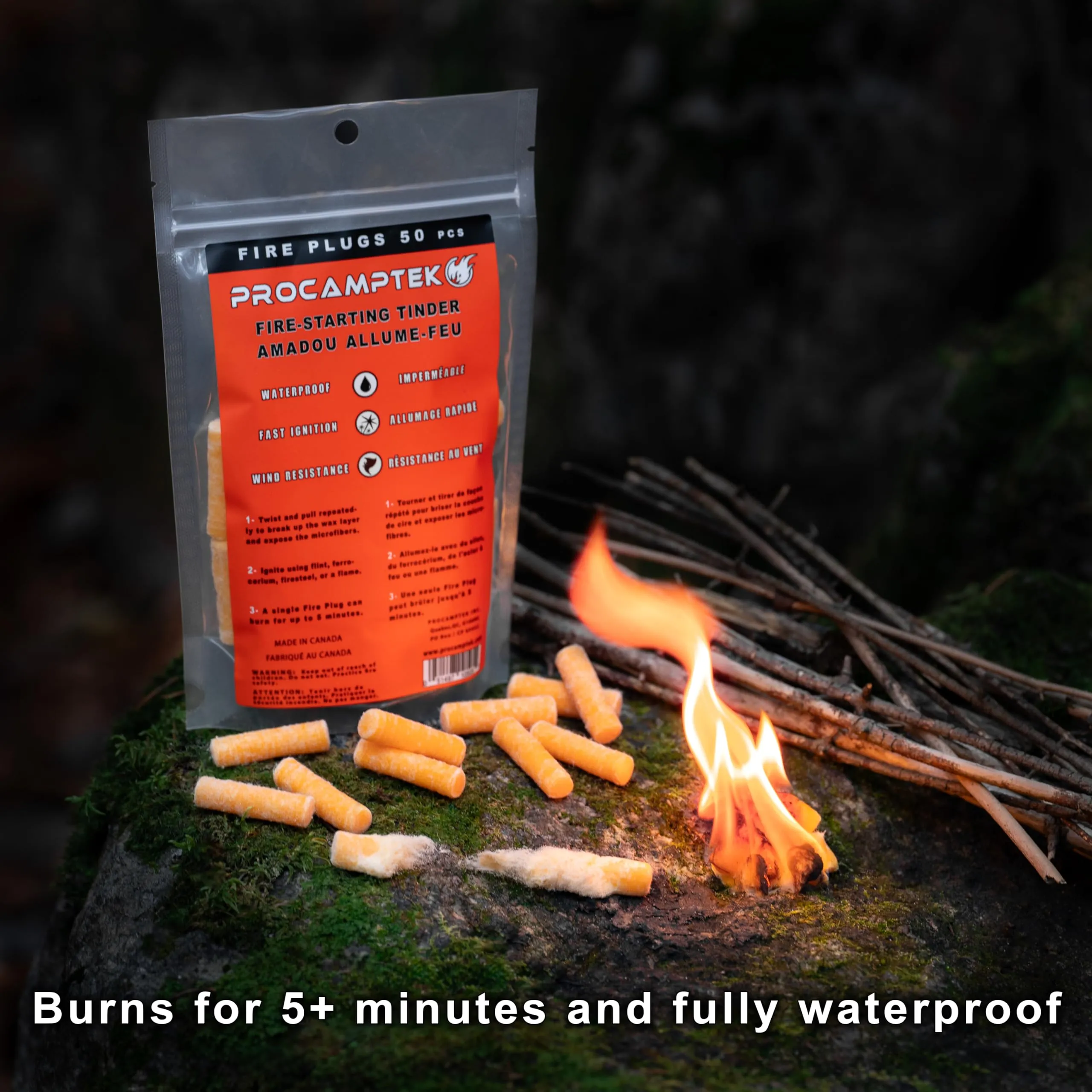 Procamptek Fire Plugs (50 Plugs) 100% Waterproof Fire Starter for Emergencies, Survival, Campfire, Fire Pits, Grills | Burns 5  Minutes, All Natural, Non-Toxic