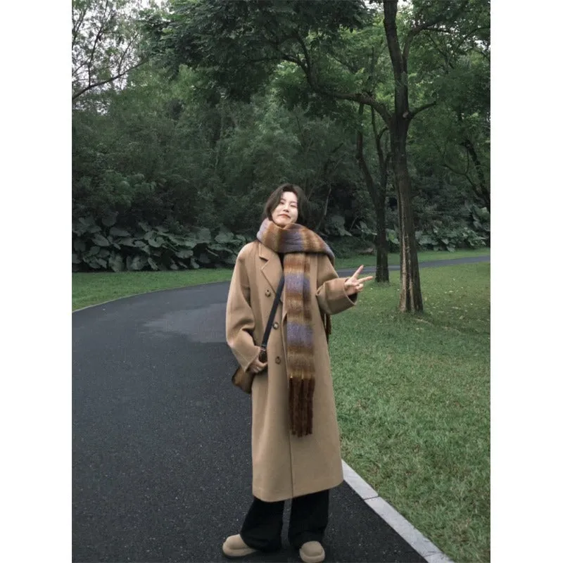 Purpdrank cold weather outfits Elegant Suit Collar Woolen Coat Women's Winter Retro Loose Long Woolen Coat