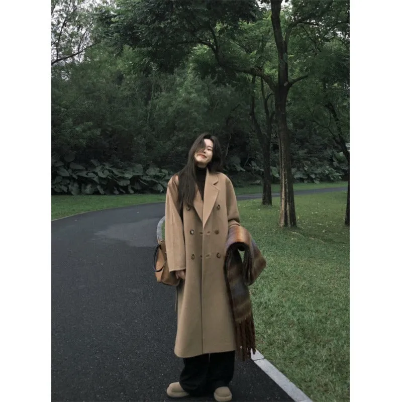 Purpdrank cold weather outfits Elegant Suit Collar Woolen Coat Women's Winter Retro Loose Long Woolen Coat