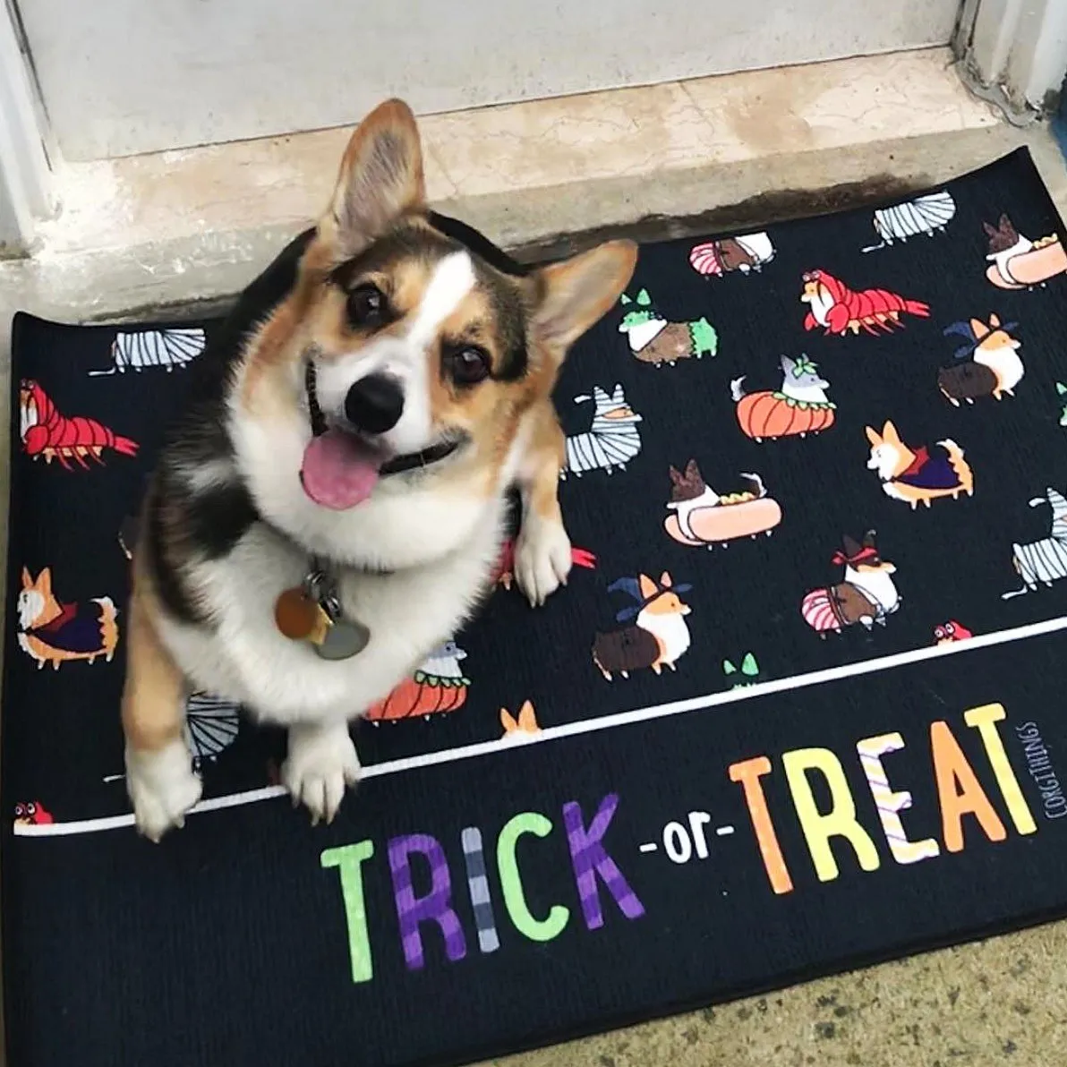 "Corgis in Costumes" Trick-or-Treat Floor Mat | Halloween Collection