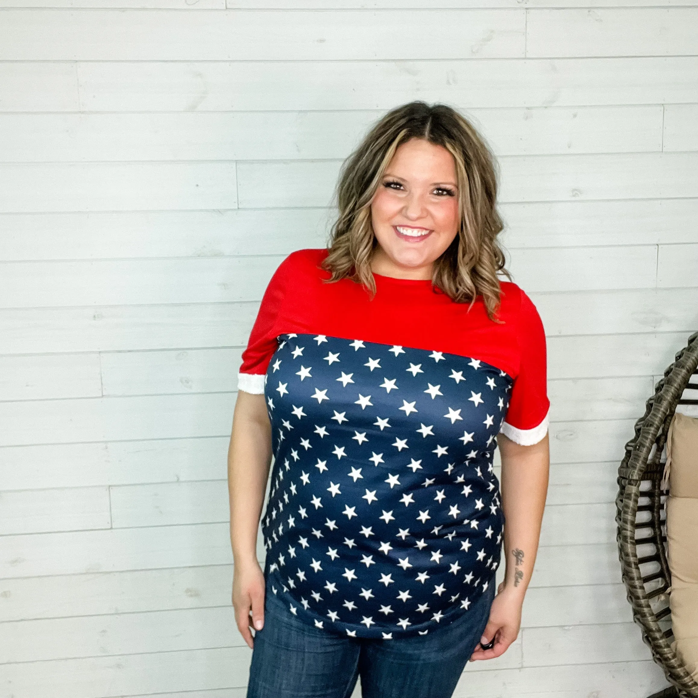 "Valor" Americana Boyfriend Tee with Sequined Cuff