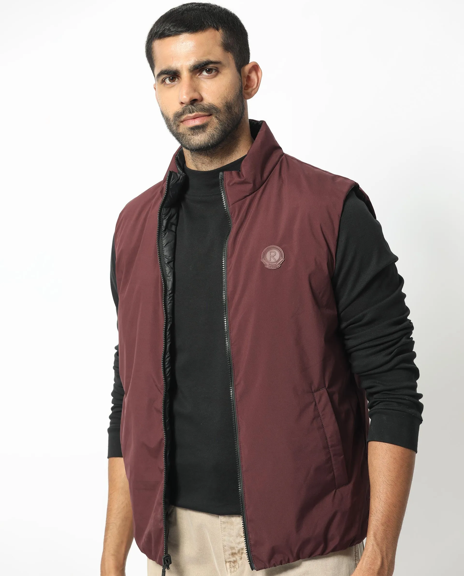 Rare Rabbit Men's Cog Black/Maroon Quilted Reversible Puffer Jacket