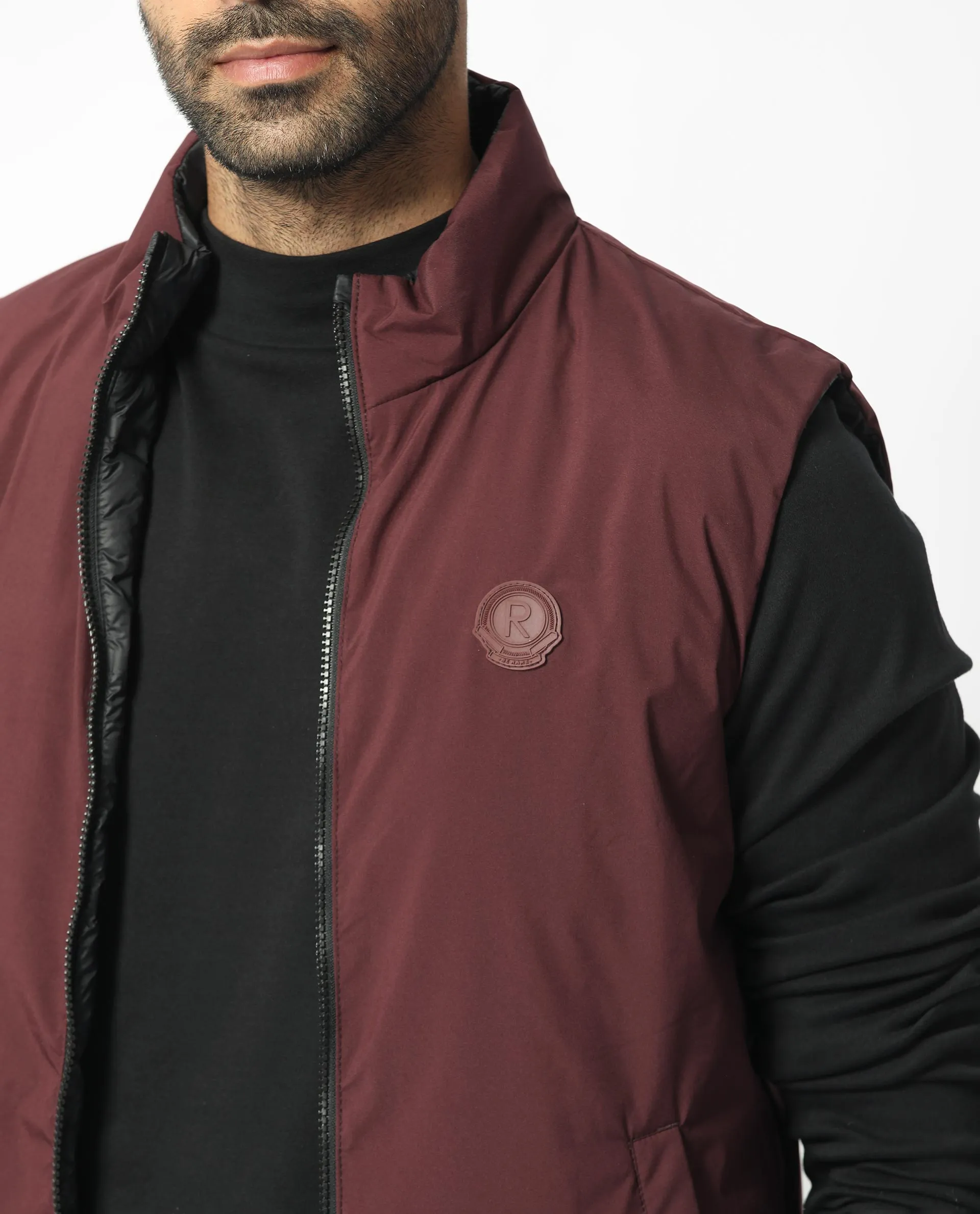 Rare Rabbit Men's Cog Black/Maroon Quilted Reversible Puffer Jacket