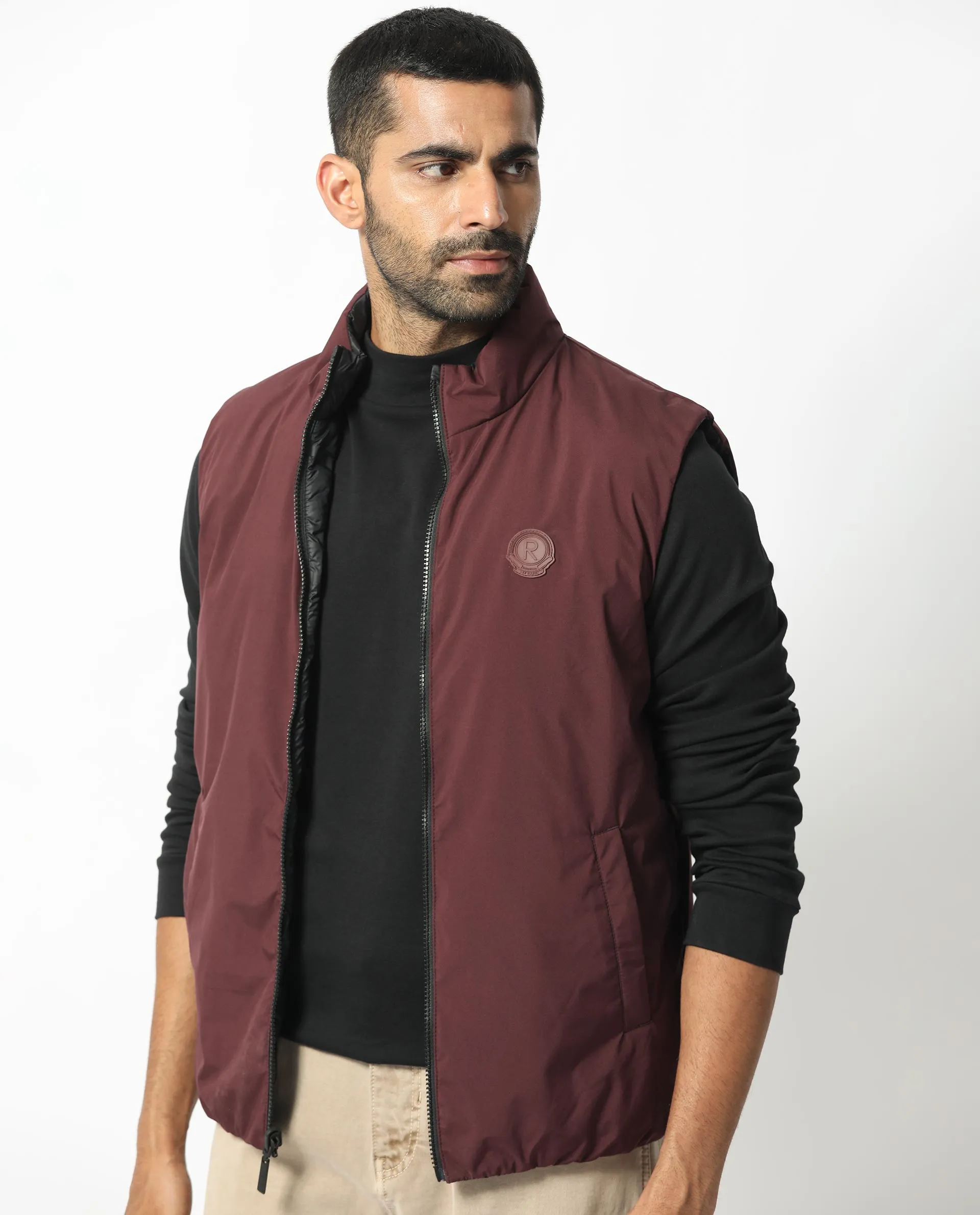 Rare Rabbit Men's Cog Black/Maroon Quilted Reversible Puffer Jacket