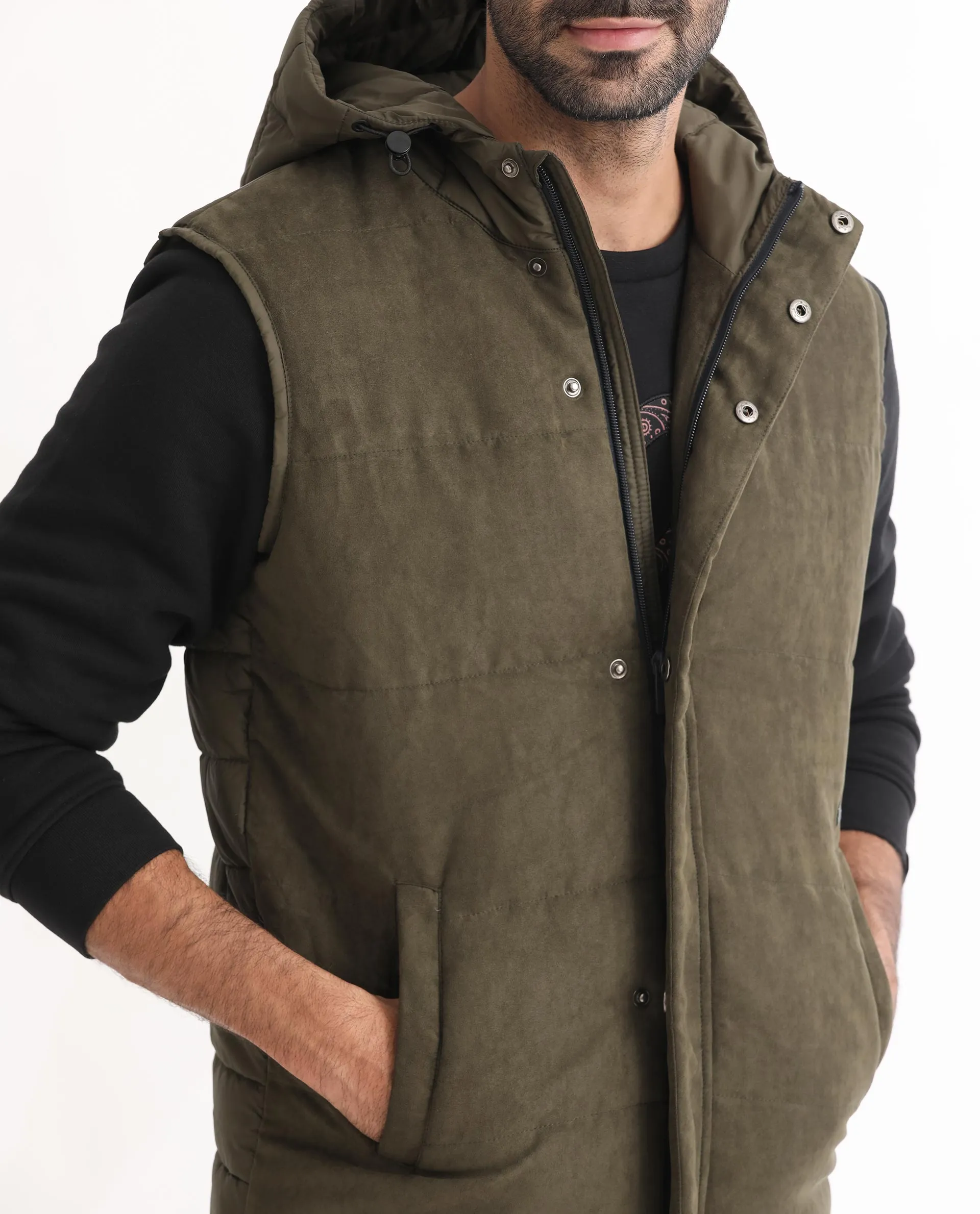 Rare Rabbit Men's Rald Olive Suede Sleeveless Hooded Puffer Jacket