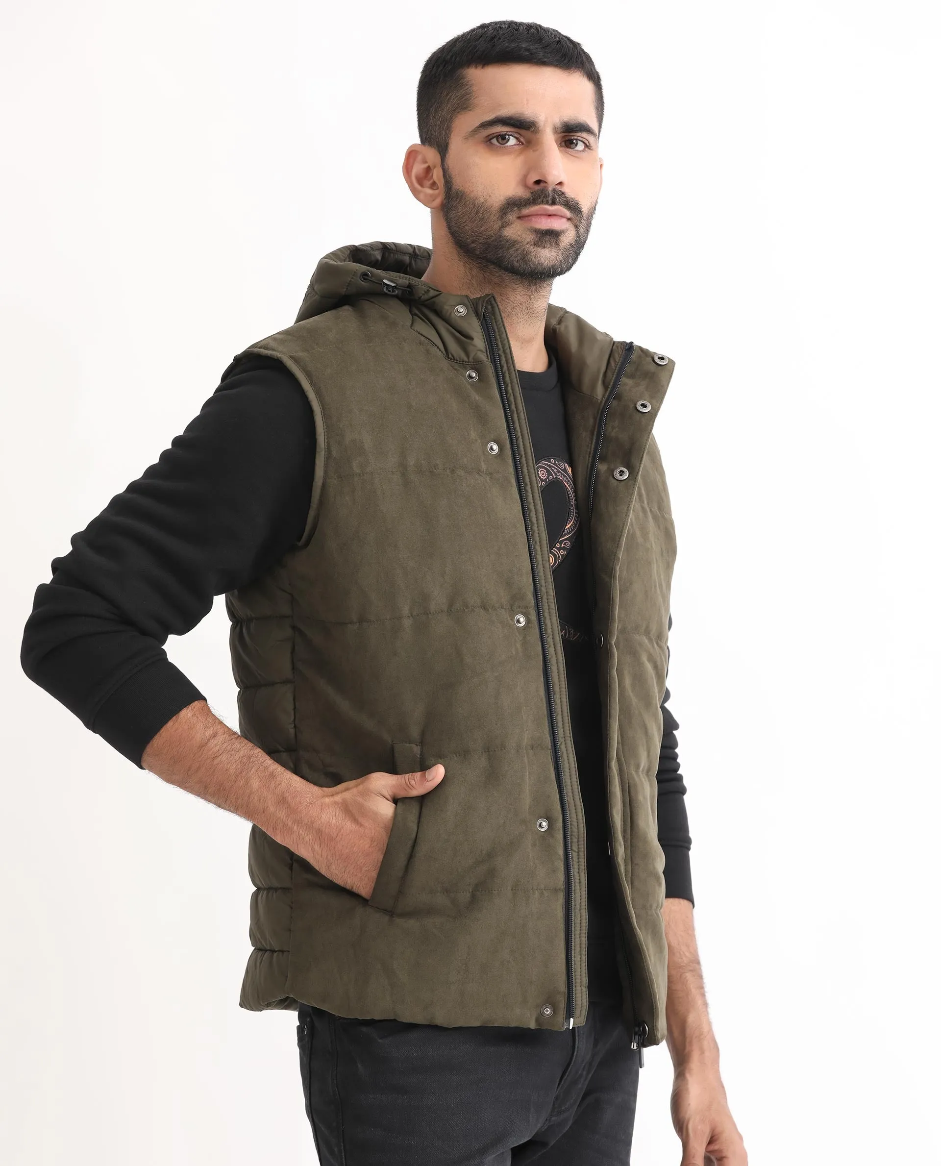 Rare Rabbit Men's Rald Olive Suede Sleeveless Hooded Puffer Jacket