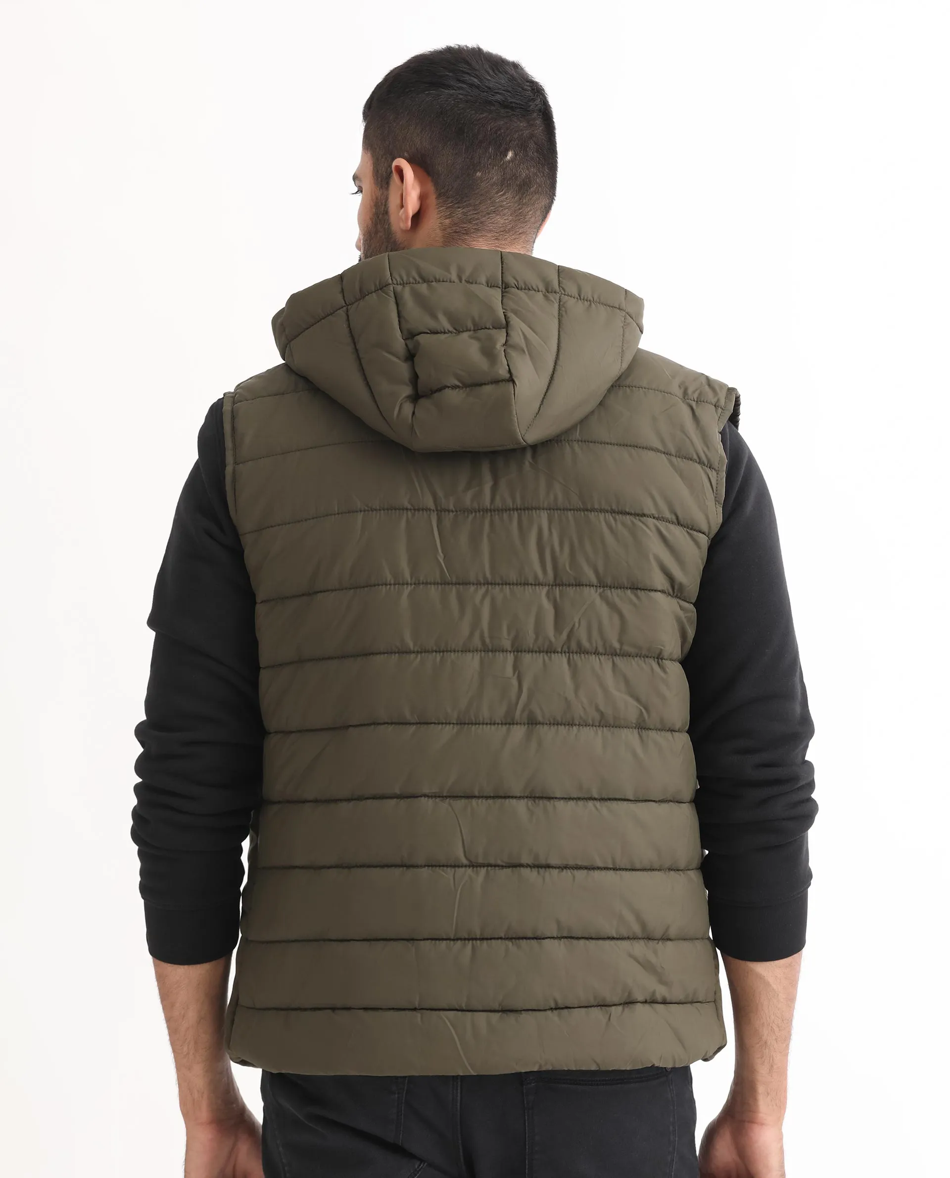 Rare Rabbit Men's Rald Olive Suede Sleeveless Hooded Puffer Jacket