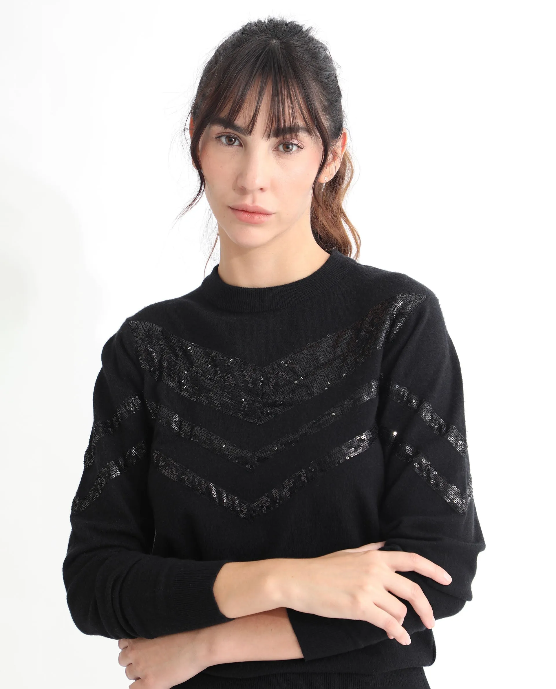 Rareism Women Kran Black Viscose Fabric Full Sleeves Regular Fit Sequined Round Neck Sweater