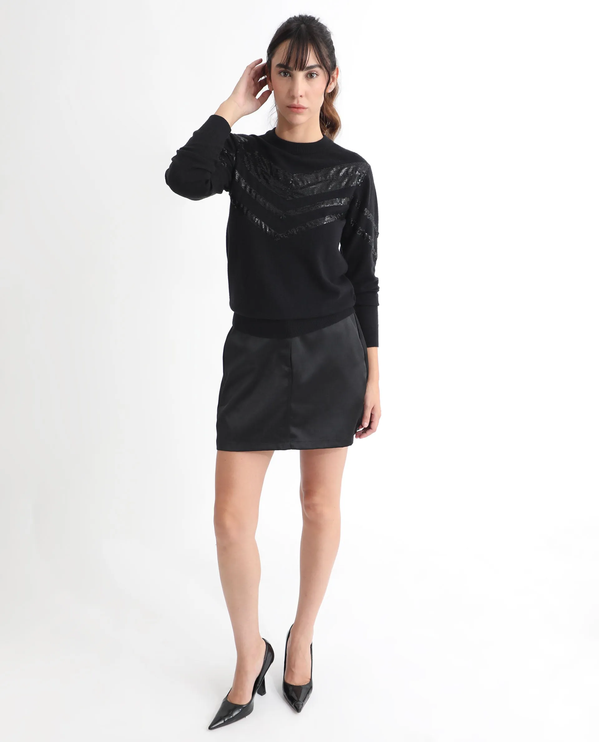 Rareism Women Kran Black Viscose Fabric Full Sleeves Regular Fit Sequined Round Neck Sweater