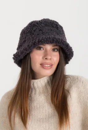 Real Sheepskin Shearling Winter Fur Bucket Hat for Women in Aubergine