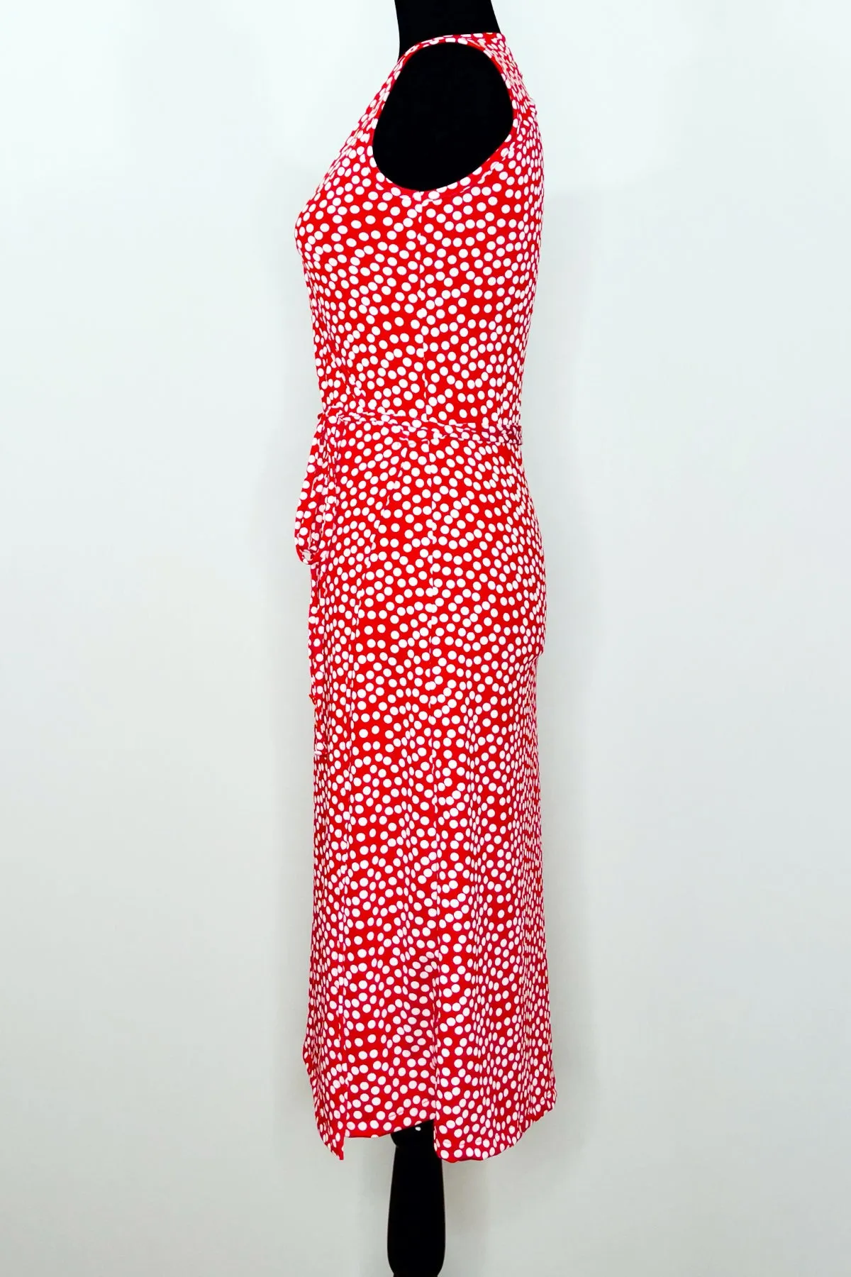 Red & White Dotted Sleeveless Wrap Dress