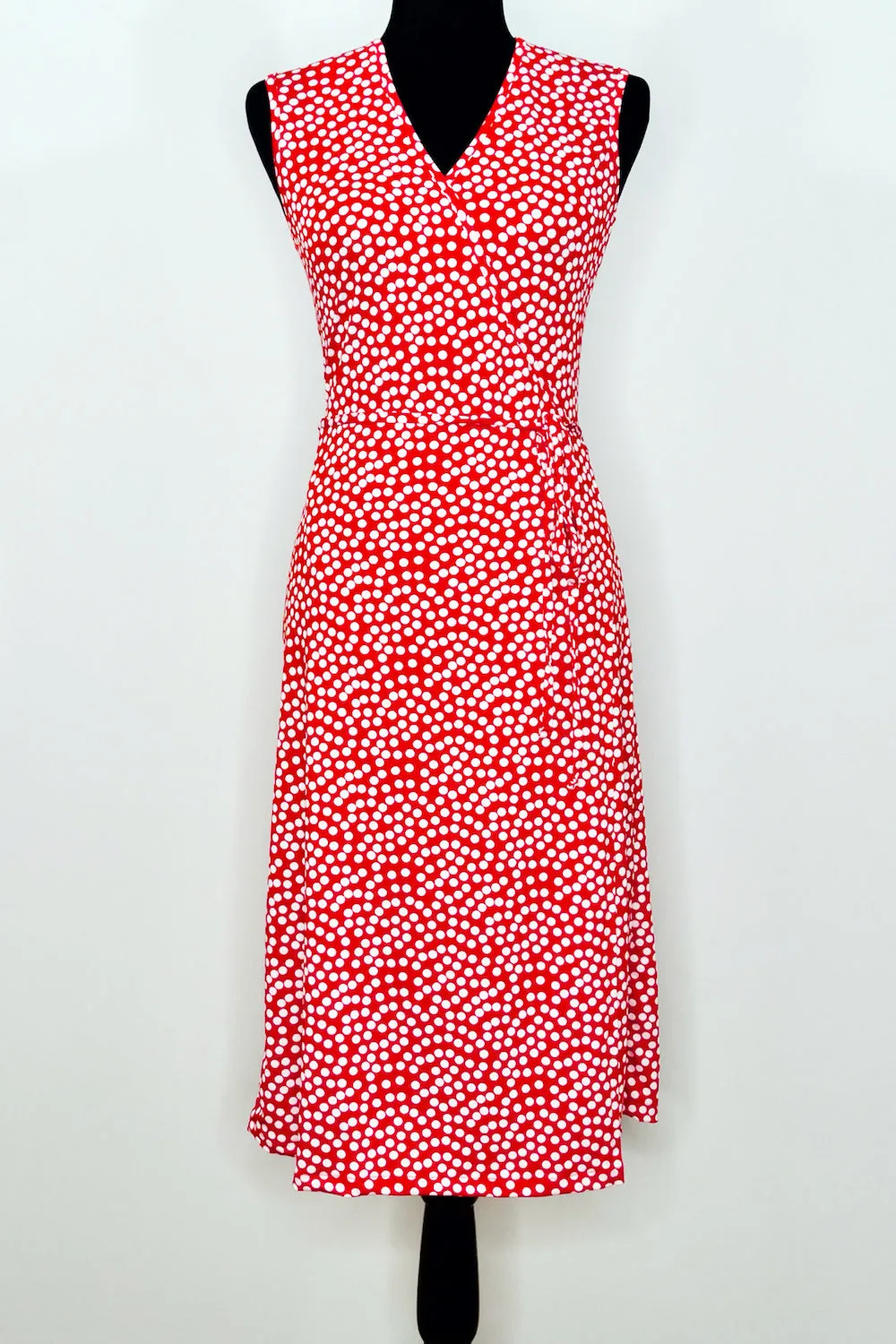 Red & White Dotted Sleeveless Wrap Dress