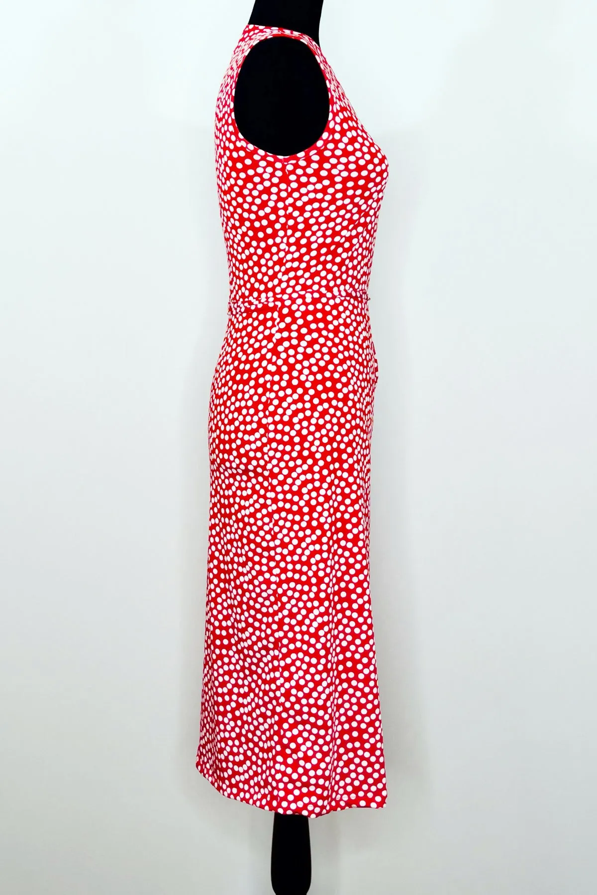 Red & White Dotted Sleeveless Wrap Dress