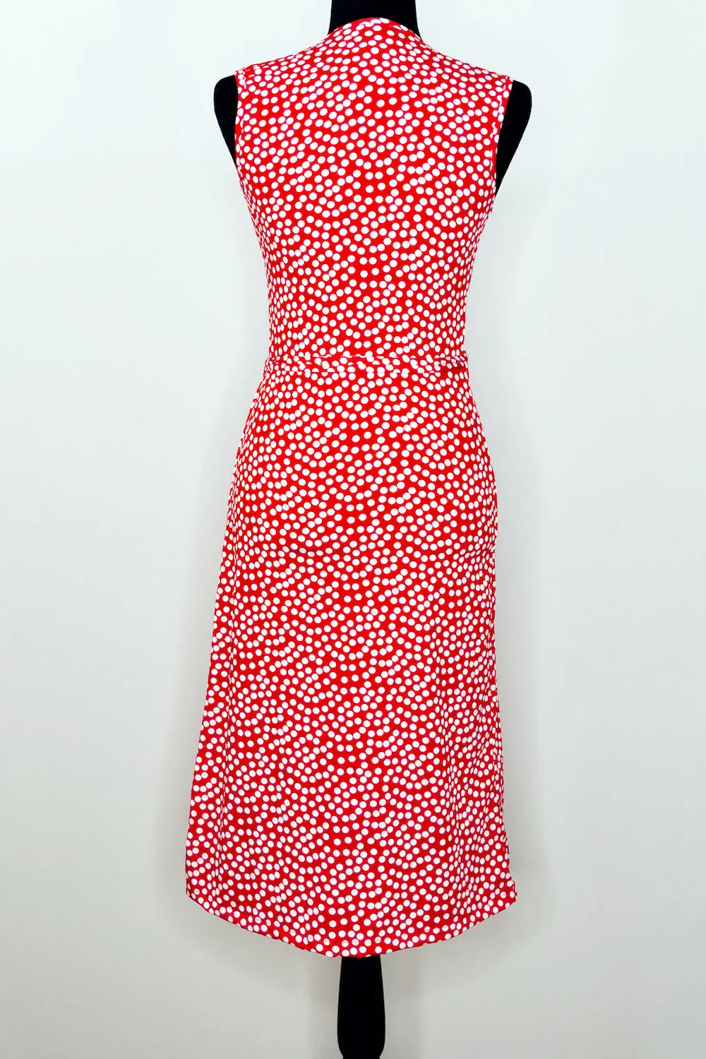 Red & White Dotted Sleeveless Wrap Dress