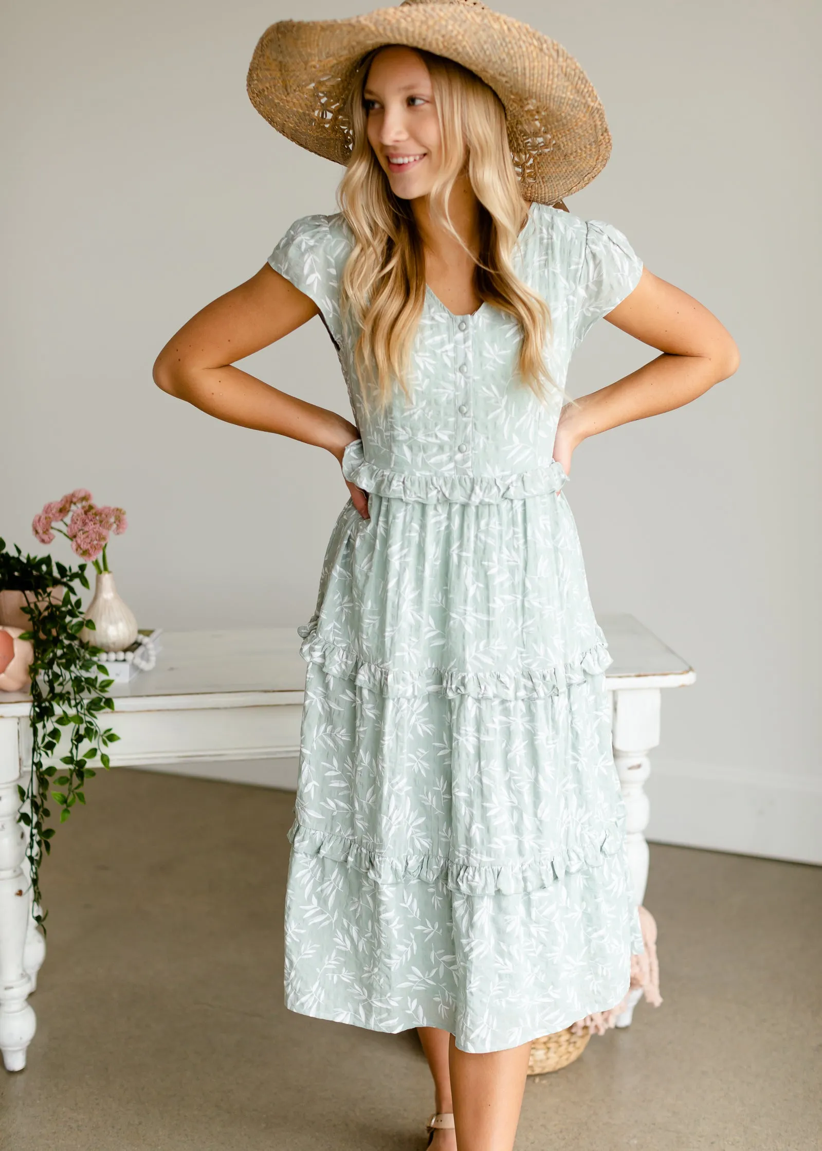 Sage Ruffle Midi Dress